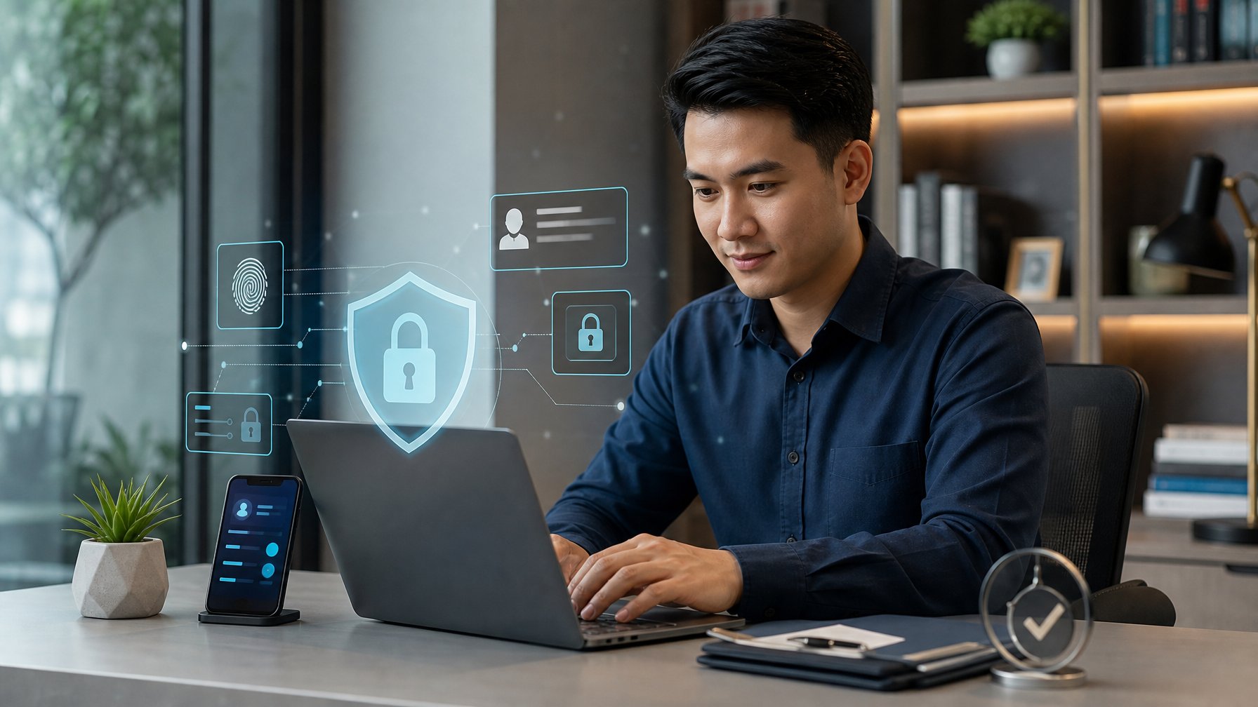 Pengguna memeriksa platform digital aman dengan simbol perlindungan data dan verifikasi identitas di meja kerja.