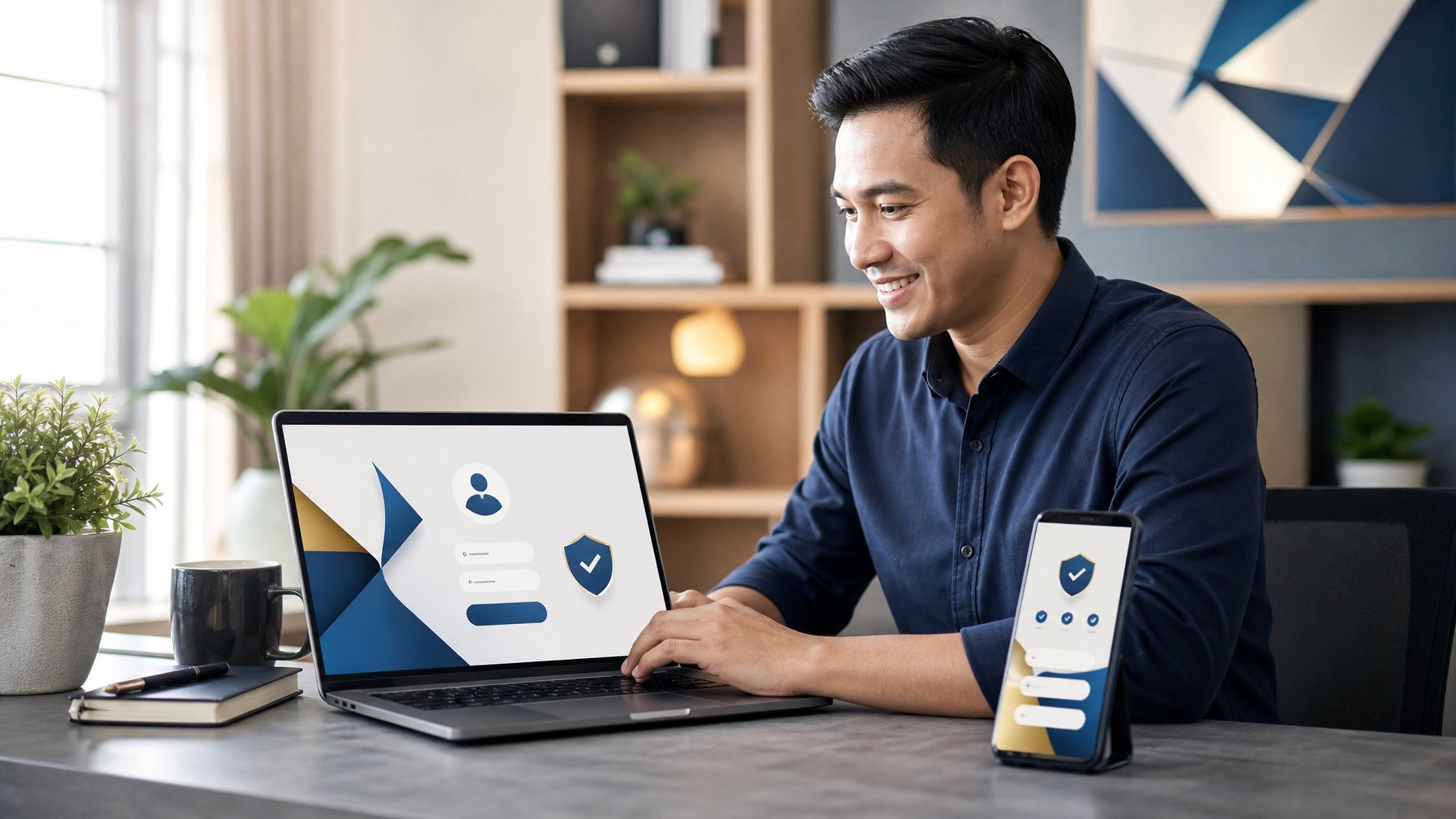 Seseorang menggunakan laptop dan ponsel di ruang kerja modern dengan tampilan antarmuka pendaftaran akun yang aman.