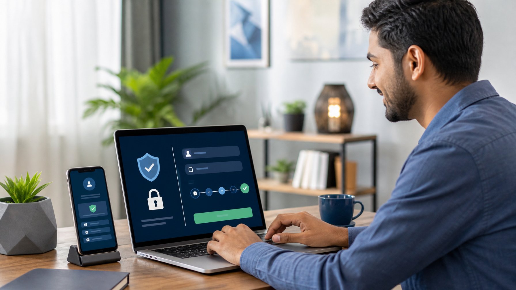 Seseorang mendaftarkan akun platform permainan online melalui laptop dengan simbol keamanan di ruang kerja modern.