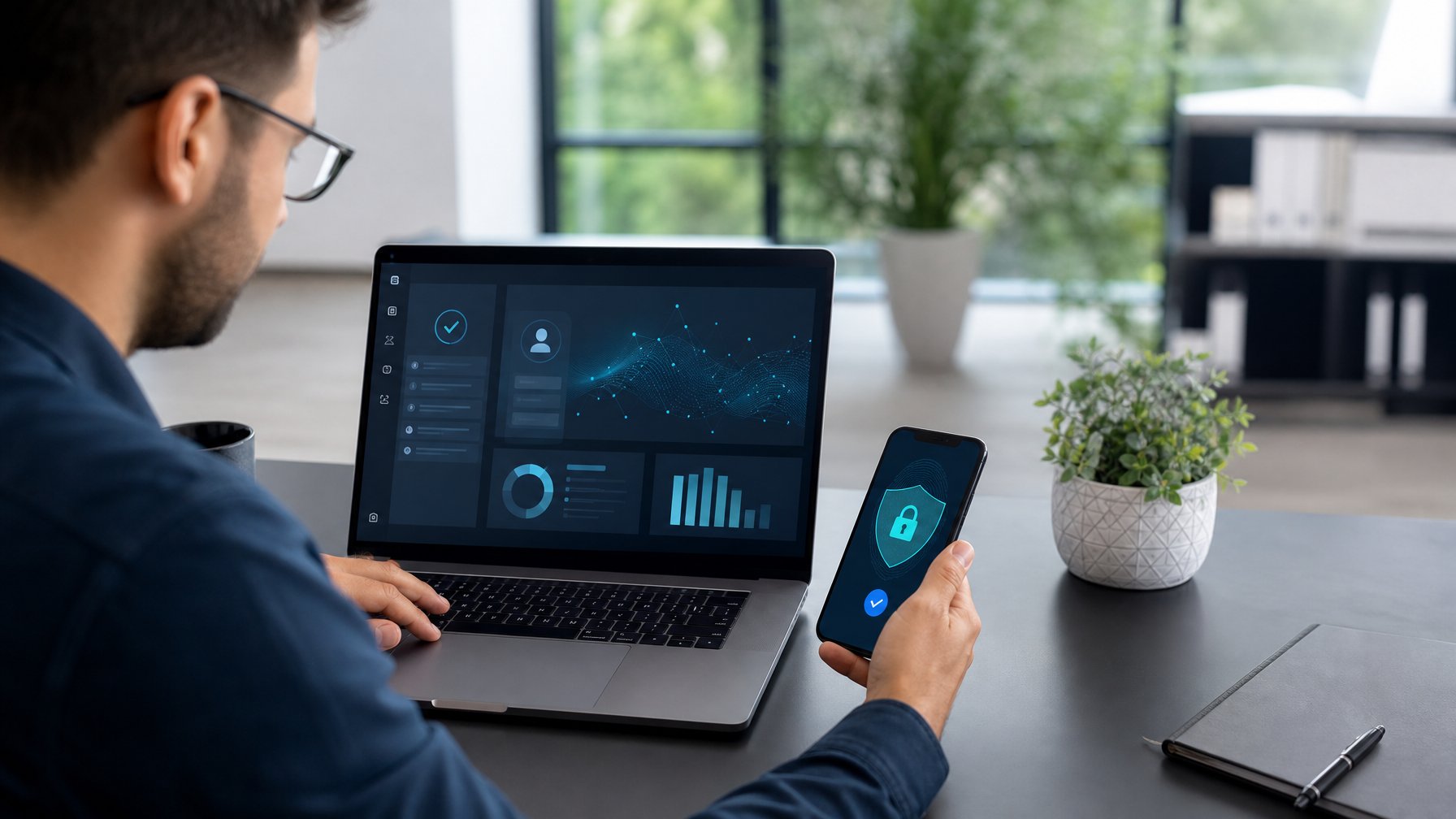 Seseorang memeriksa keamanan akses digital melalui laptop dan ponsel di ruang kerja modern.