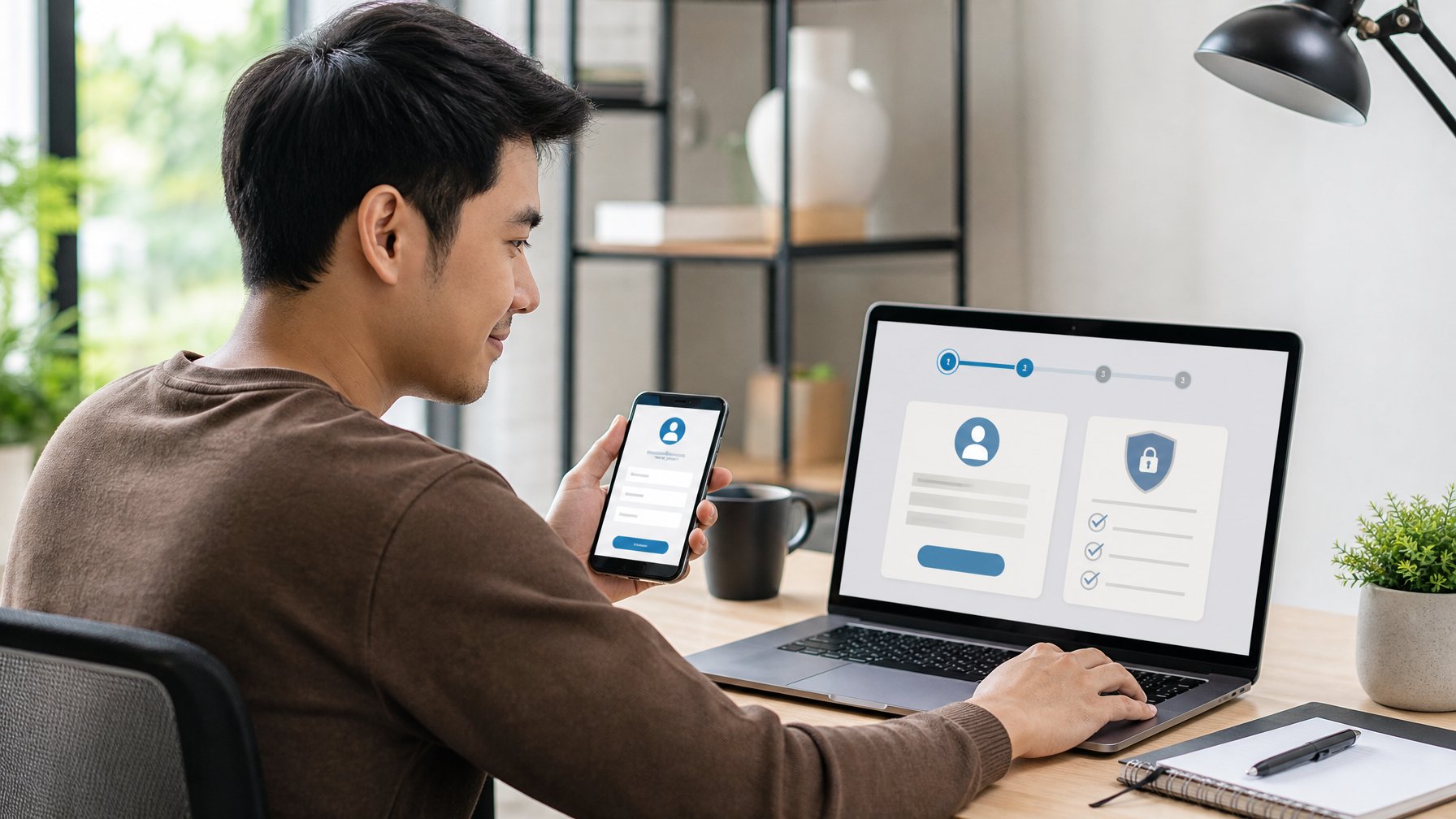 Seorang pengguna mengikuti proses pendaftaran akun sederhana di laptop dalam ruang kerja modern.