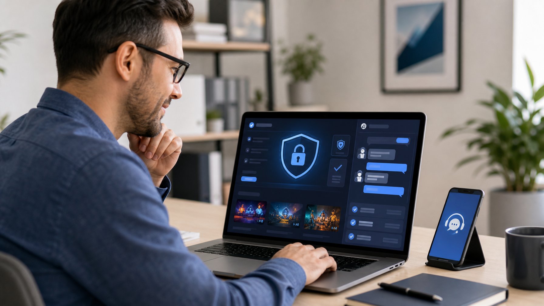 Pengguna memeriksa platform permainan daring yang aman dengan dukungan pelanggan melalui laptop di ruang kerja.