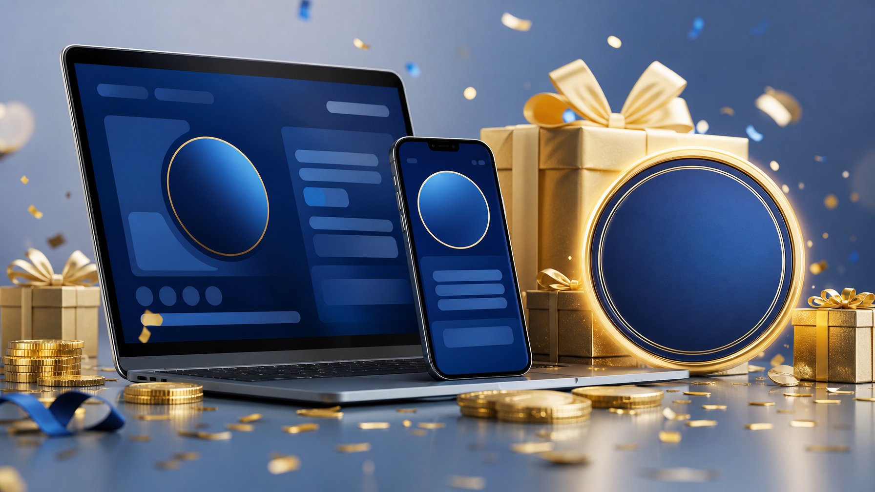 Perangkat digital dengan hadiah selamat datang, koin dekoratif, kotak hadiah, dan konfeti dalam suasana perayaan.