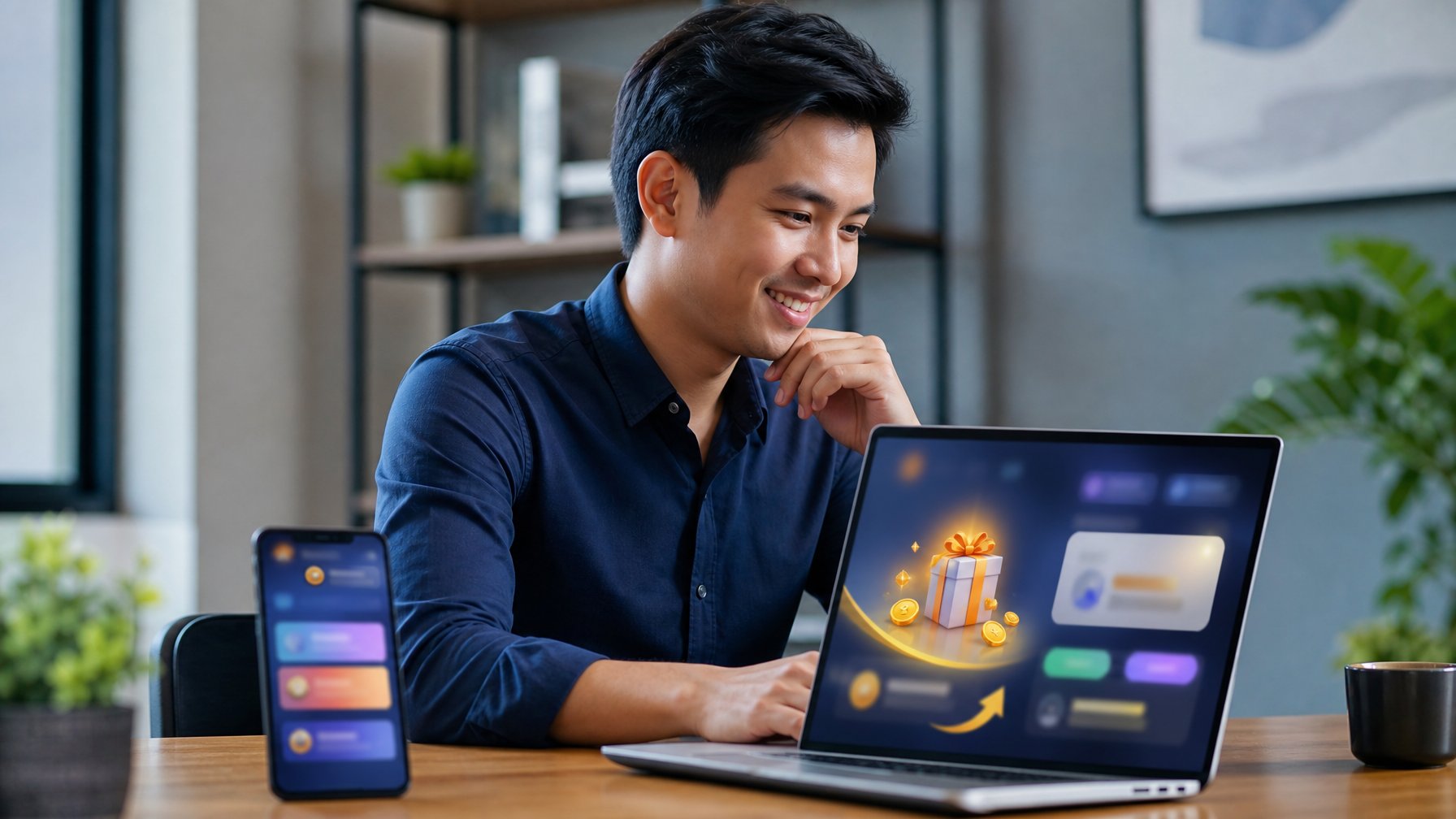 Seorang profesional muda meninjau dasbor hadiah digital di laptop dengan kotak hadiah dan ponsel di atas meja.