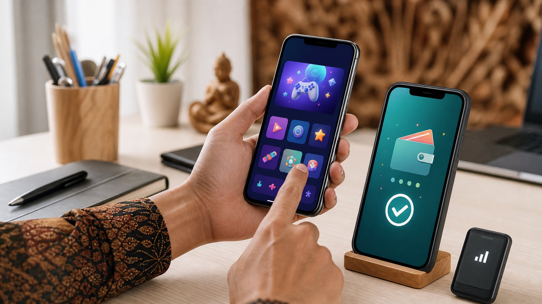 Seseorang menggunakan ponsel untuk mengakses layanan hiburan digital dan pembayaran seluler di meja kerja modern.