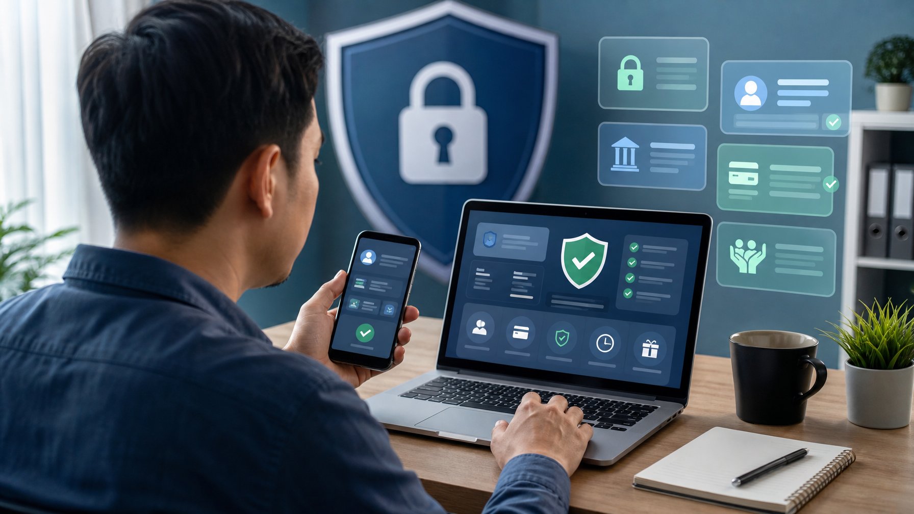 Seseorang memeriksa platform hiburan digital dengan simbol keamanan pada laptop dan ponsel di ruang kerja modern.