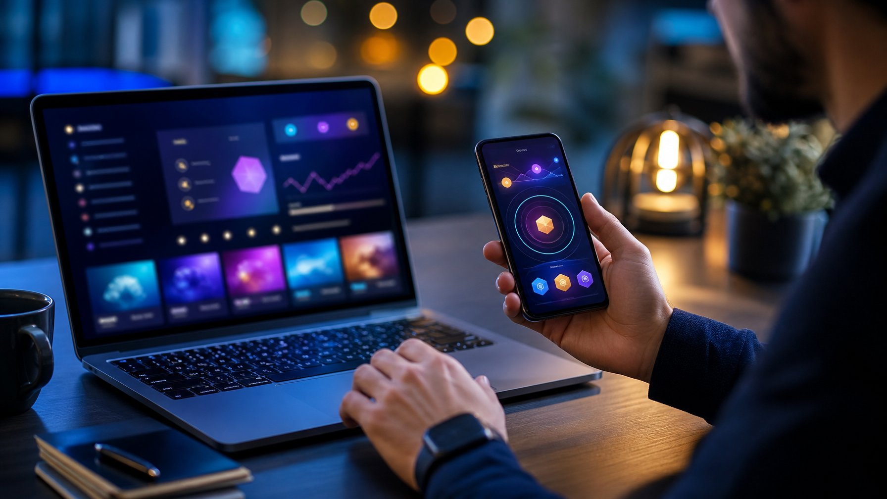 Seseorang meninjau tampilan hiburan digital abstrak pada laptop dan ponsel di ruang kerja modern.