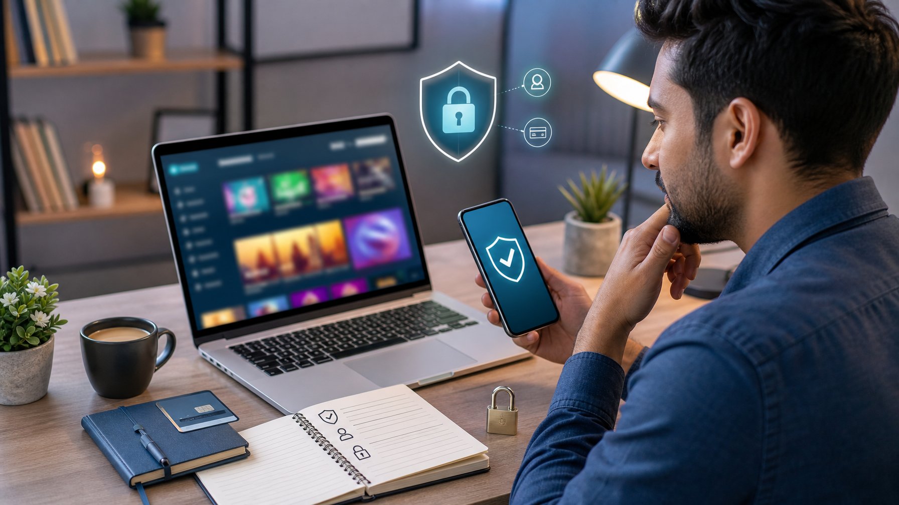 Orang dewasa memeriksa platform permainan daring dengan laptop dan ponsel yang menampilkan simbol keamanan.