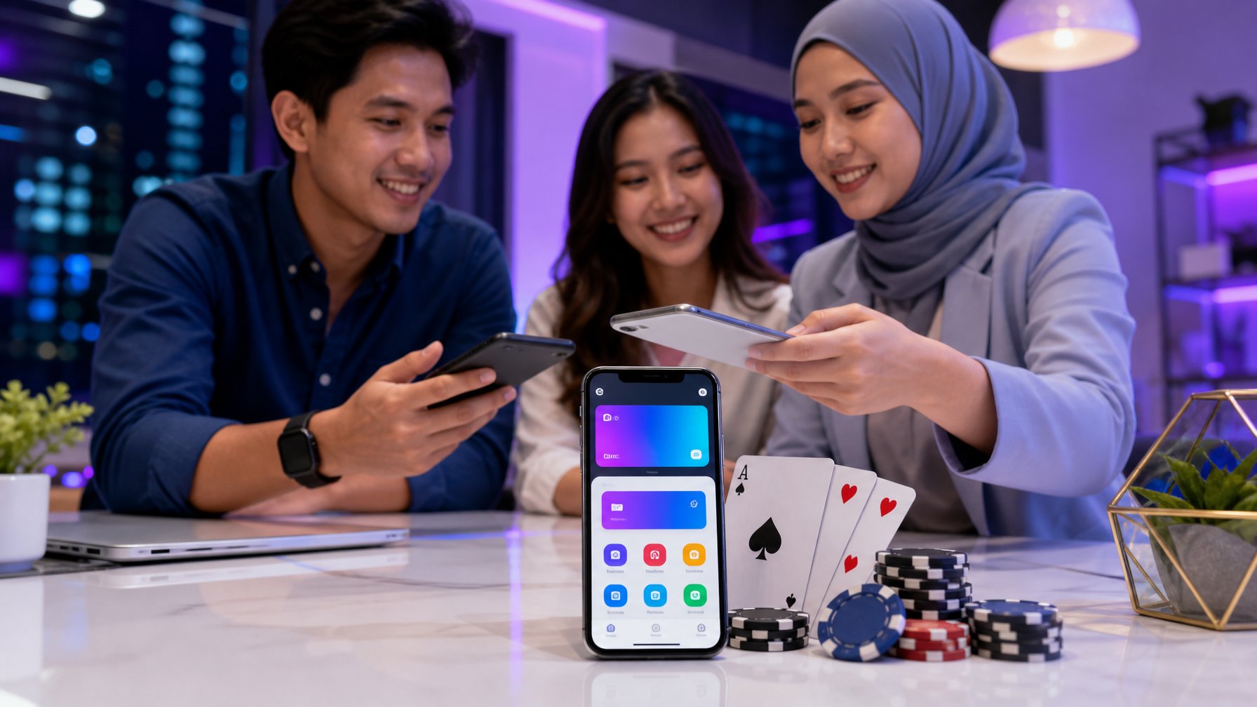 Orang-orang menggunakan ponsel untuk melakukan pembayaran digital di meja modern.