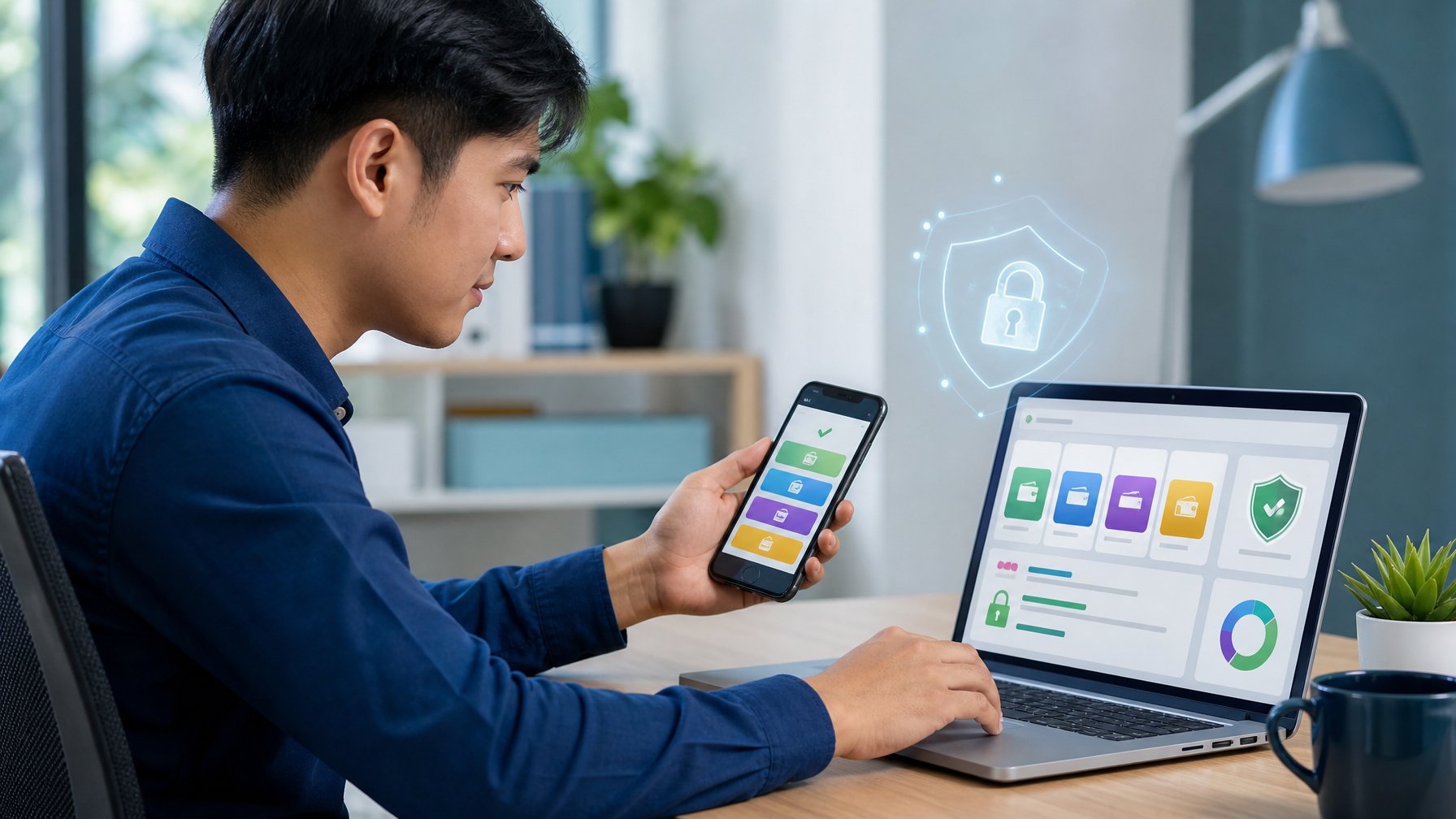 Seseorang membandingkan pilihan pembayaran digital dengan simbol keamanan di laptop dan ponsel.