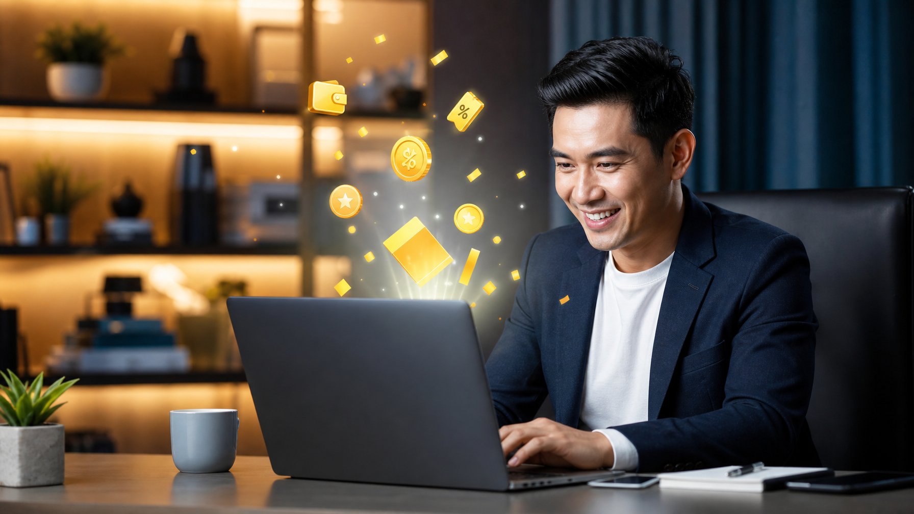 Seorang pelanggan tersenyum menggunakan laptop dengan ikon koin dan hadiah di sekitarnya.