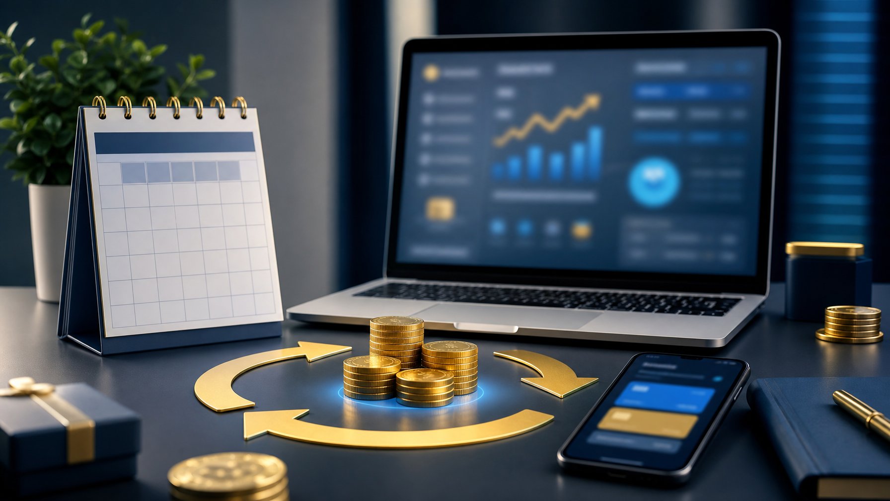 Laptop, kalender, dompet digital, dan koin emas yang menggambarkan pengembalian hadiah mingguan.