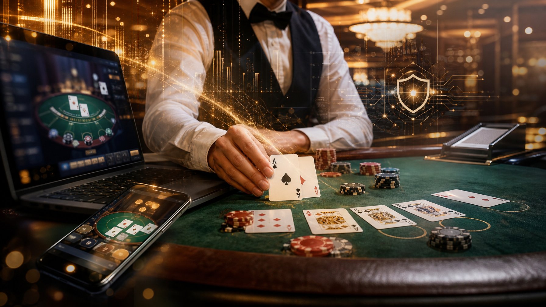 Meja blackjack dengan kartu dan keping kasino yang dipadukan dengan perangkat digital dalam suasana kasino modern.