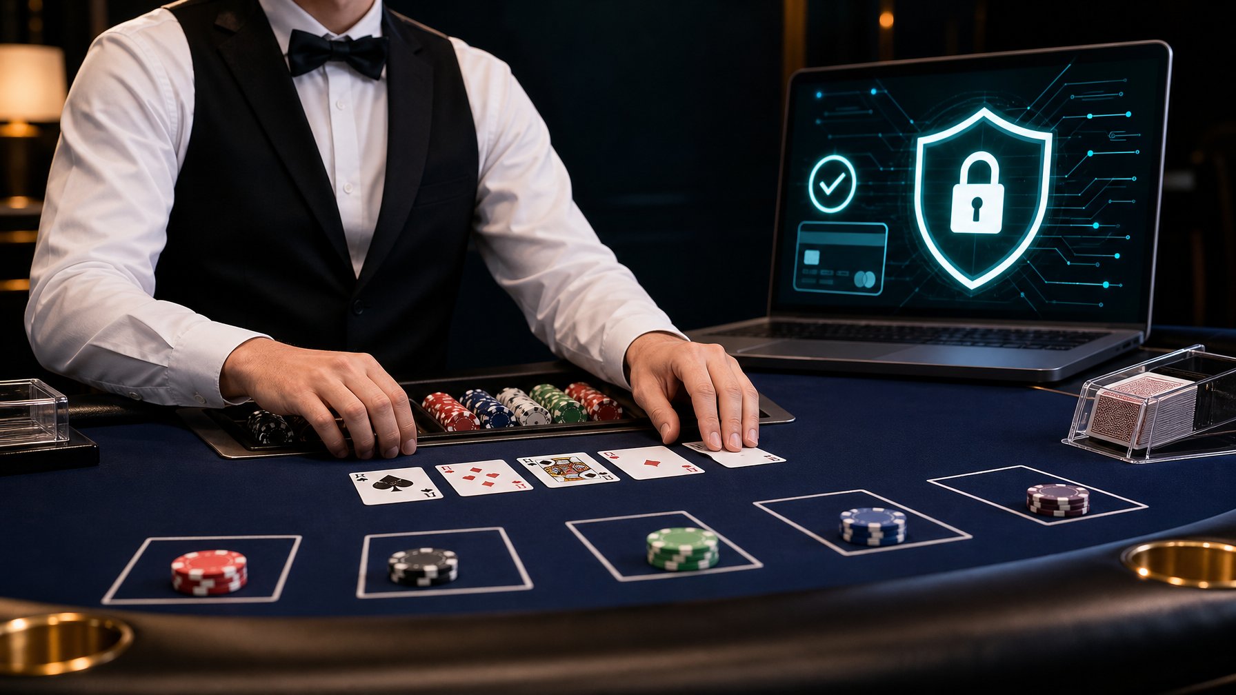 Meja blackjack modern dengan kartu, chip, dan simbol keamanan digital di latar belakang.