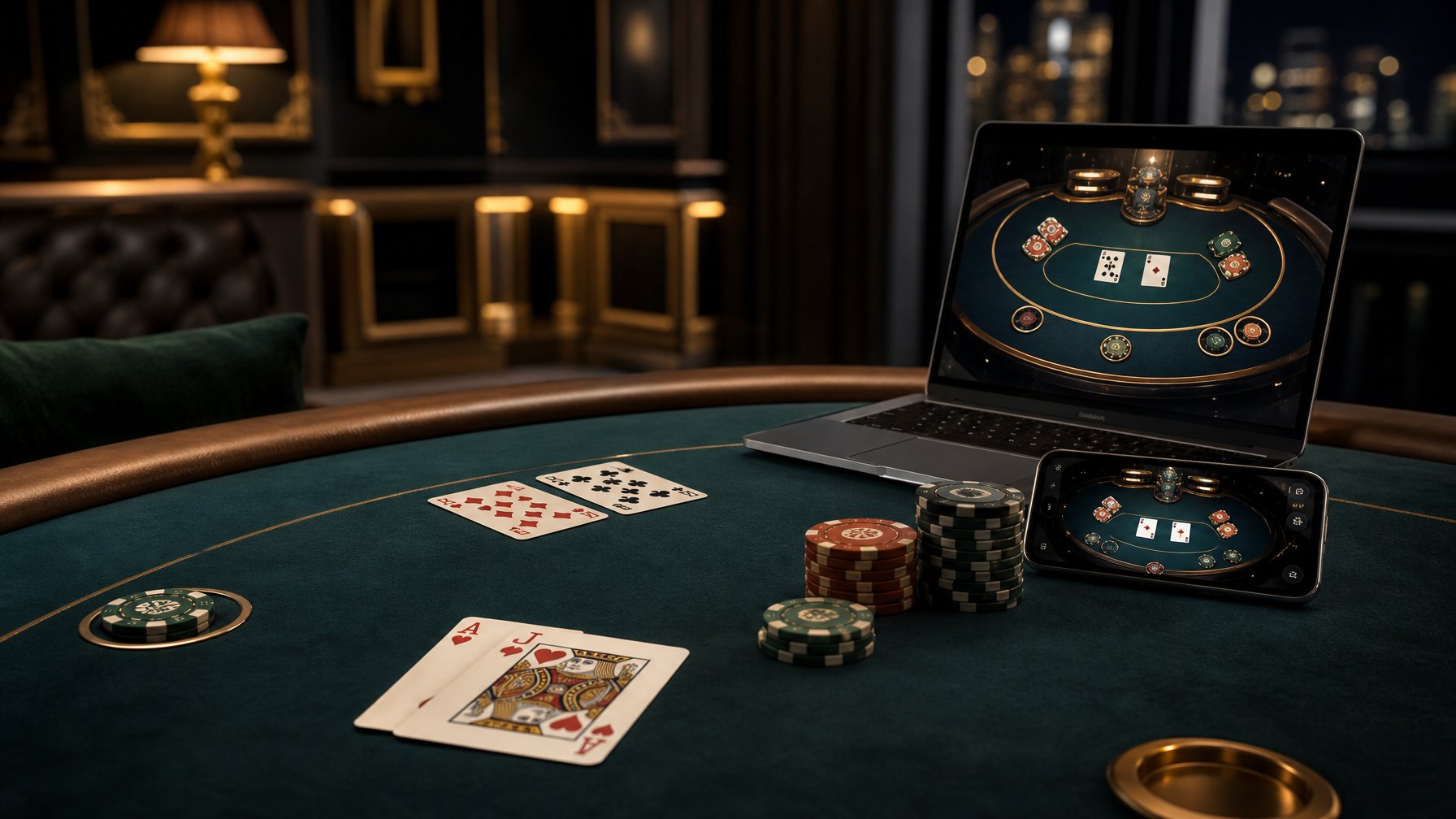 Meja blackjack elegan dengan kartu terbuka, keping kasino, dan perangkat digital dalam suasana VIP.