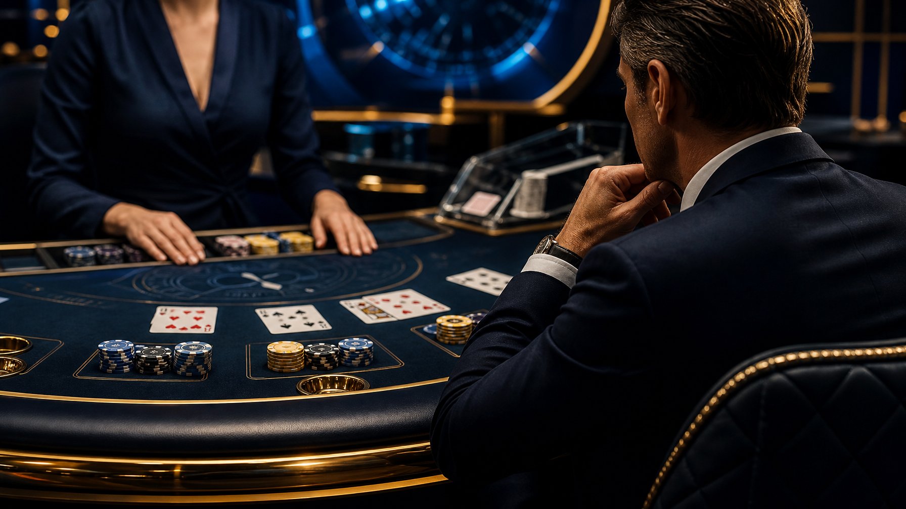 Pemain VIP mengamati meja blackjack mewah dengan kartu dan chip di lingkungan kasino modern.