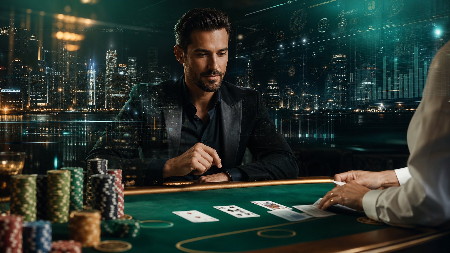 Pemain dewasa duduk di meja blackjack dengan kartu, keping kasino, dan latar kota yang menyatu secara artistik.