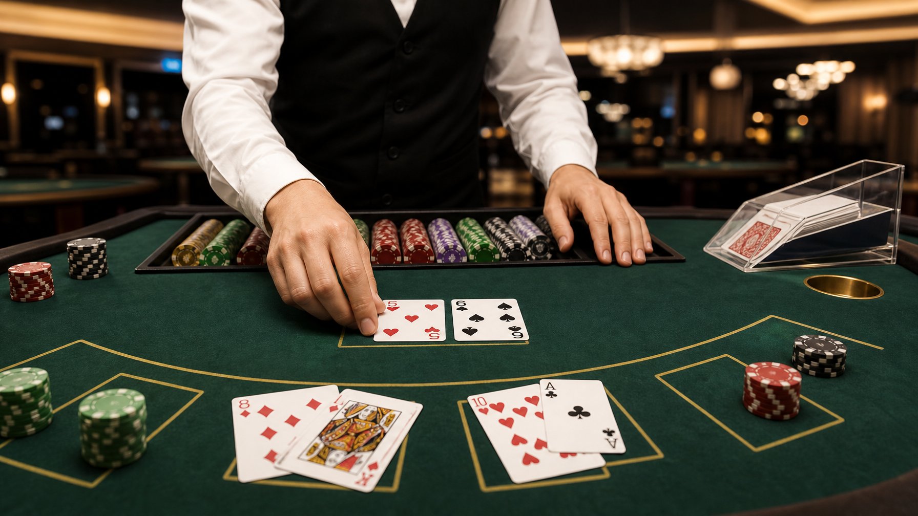 Tangan dealer menata kartu blackjack yang terbuka dan keping taruhan di atas meja kasino.
