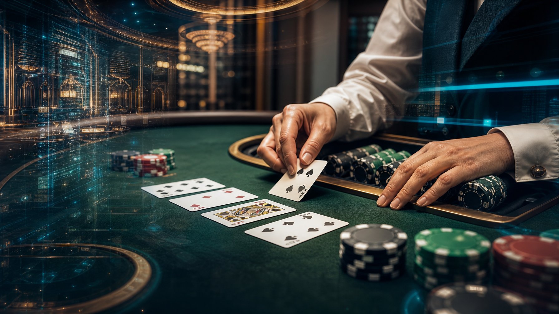 Meja blackjack elegan dengan kartu, keping kasino, dan efek cahaya digital berlapis.