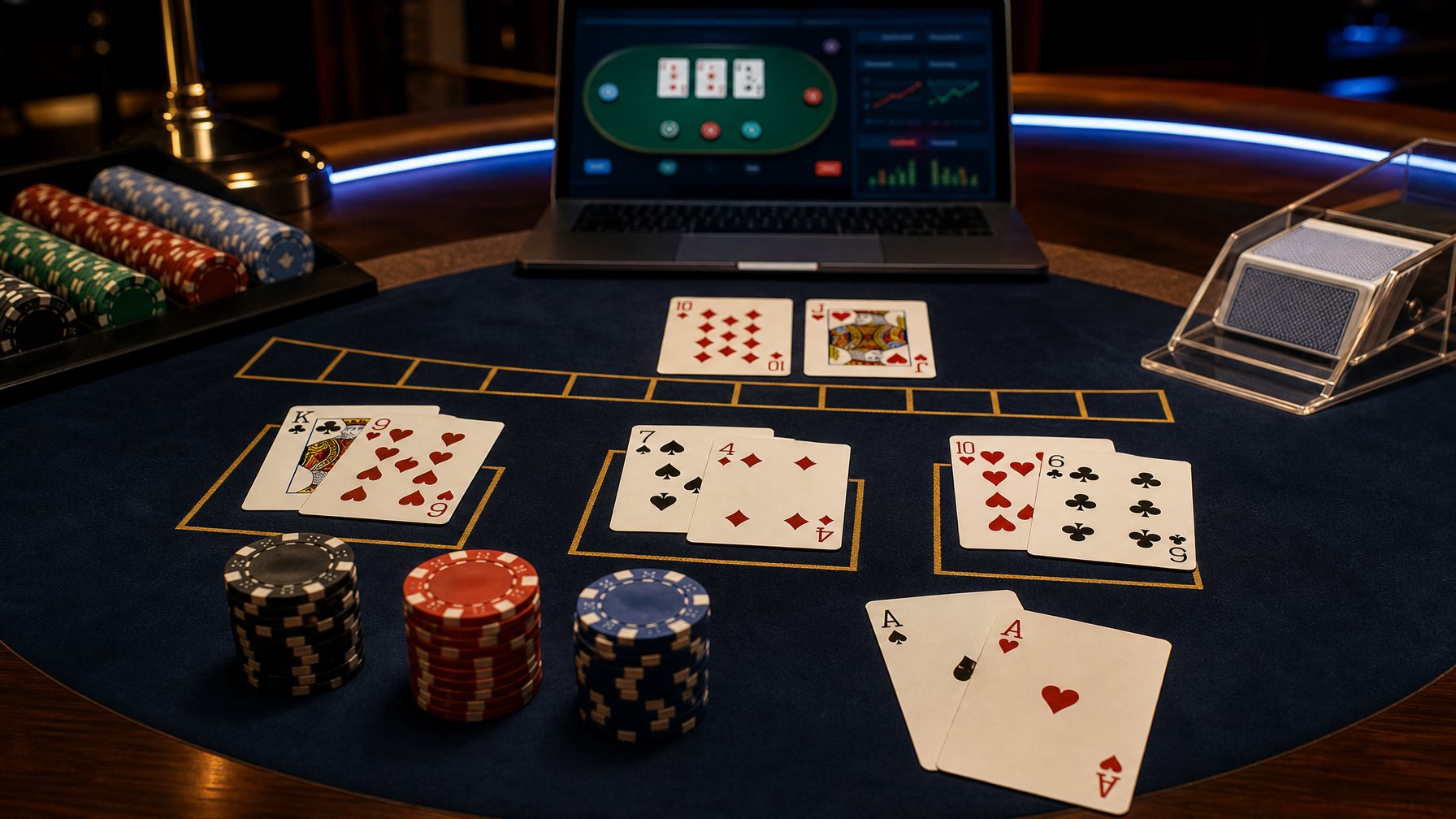 Meja blackjack dengan kartu terbuka, keping taruhan, dan perangkat yang menampilkan antarmuka permainan daring.