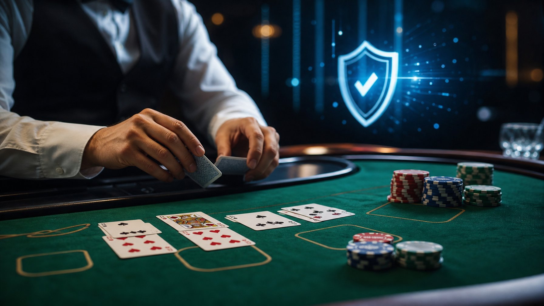 Meja blackjack dengan kartu, keping kasino, tangan dealer, dan simbol keamanan bercahaya di latar belakang.
