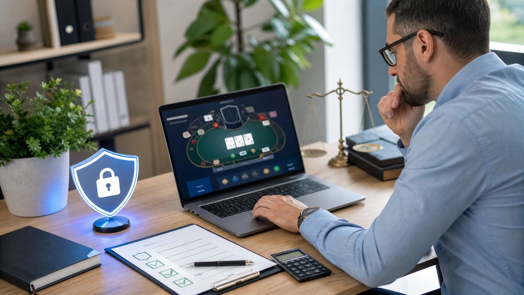 Seorang profesional memeriksa platform blackjack daring di laptop dengan simbol keamanan, dokumen legal, dan kalkulator di meja.