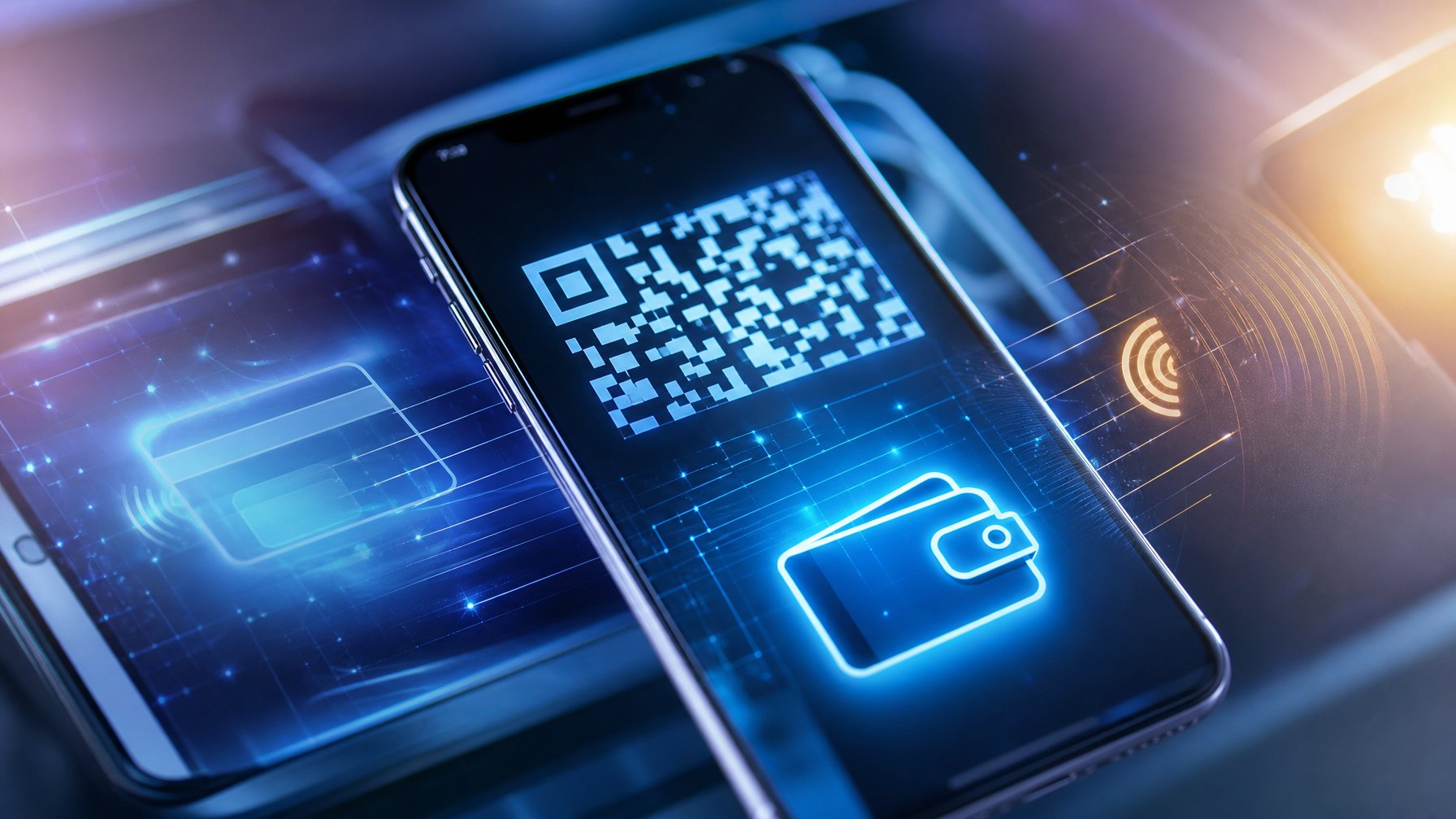 Ponsel pintar menampilkan pola pembayaran digital dengan efek paparan ganda dan cahaya data modern.