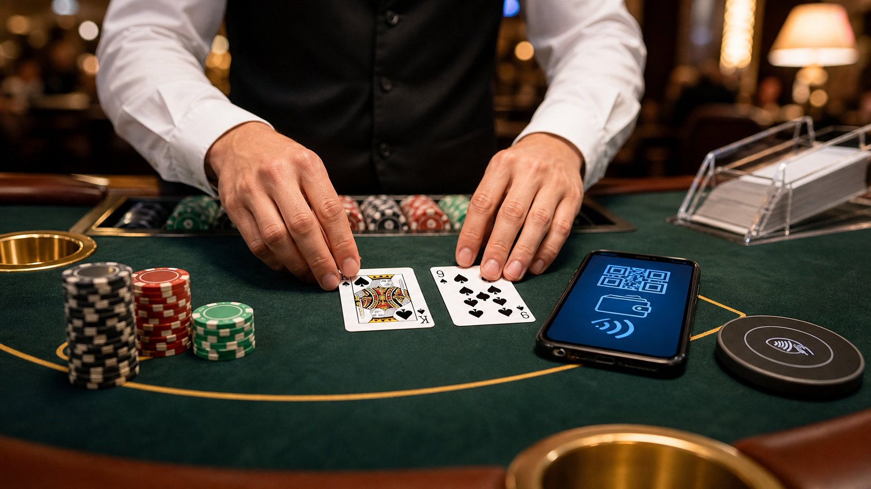 Meja blackjack dengan kartu dealer terbuka, chip kasino, dan ponsel dengan simbol pembayaran digital.