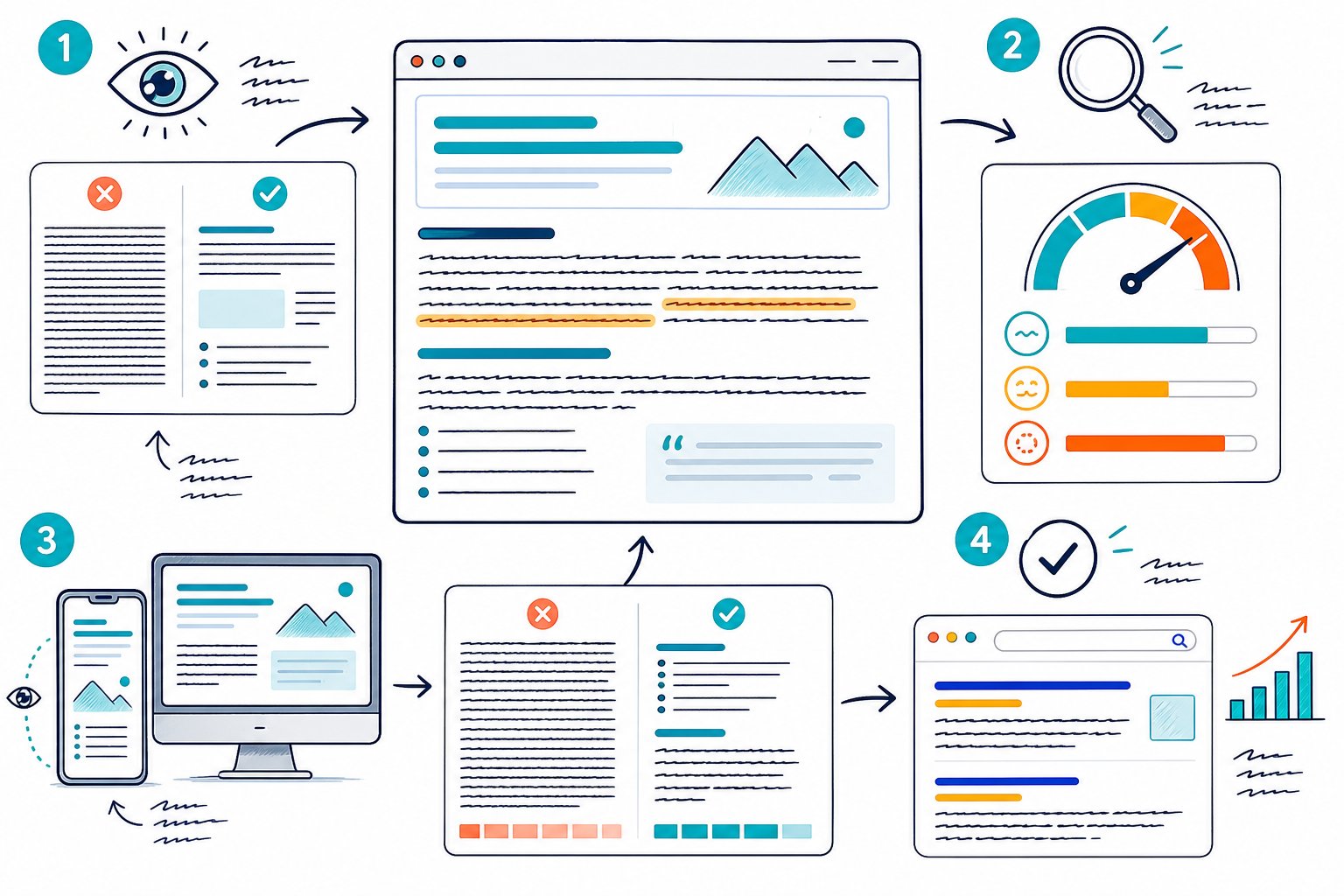 How to Test Content Readability for SEO: Practical Method - v2 1isqai pdelz An infographic shows a webpage being checked for readability with text structure, scanning, mobile preview, and SEO improvement indicators.