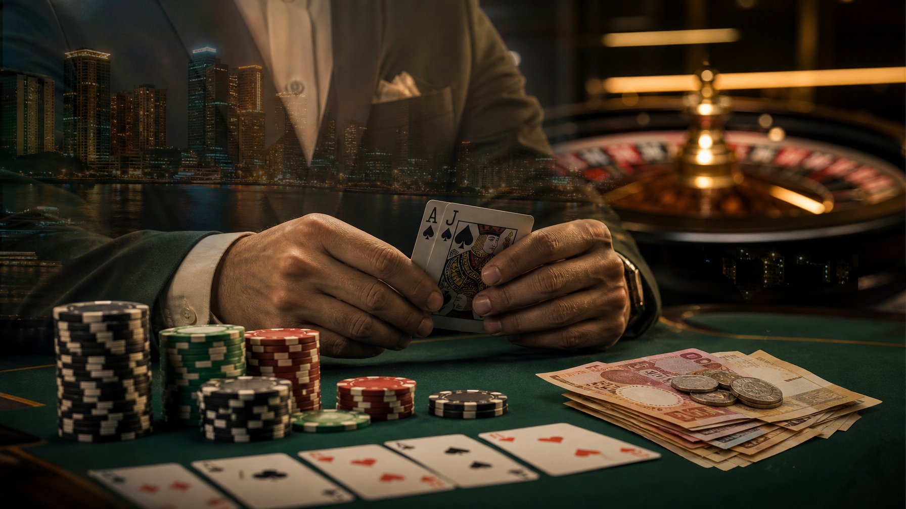 Meja blackjack dengan kartu, keping kasino, uang rupiah, dan siluet kota malam yang berpadu secara artistik.
