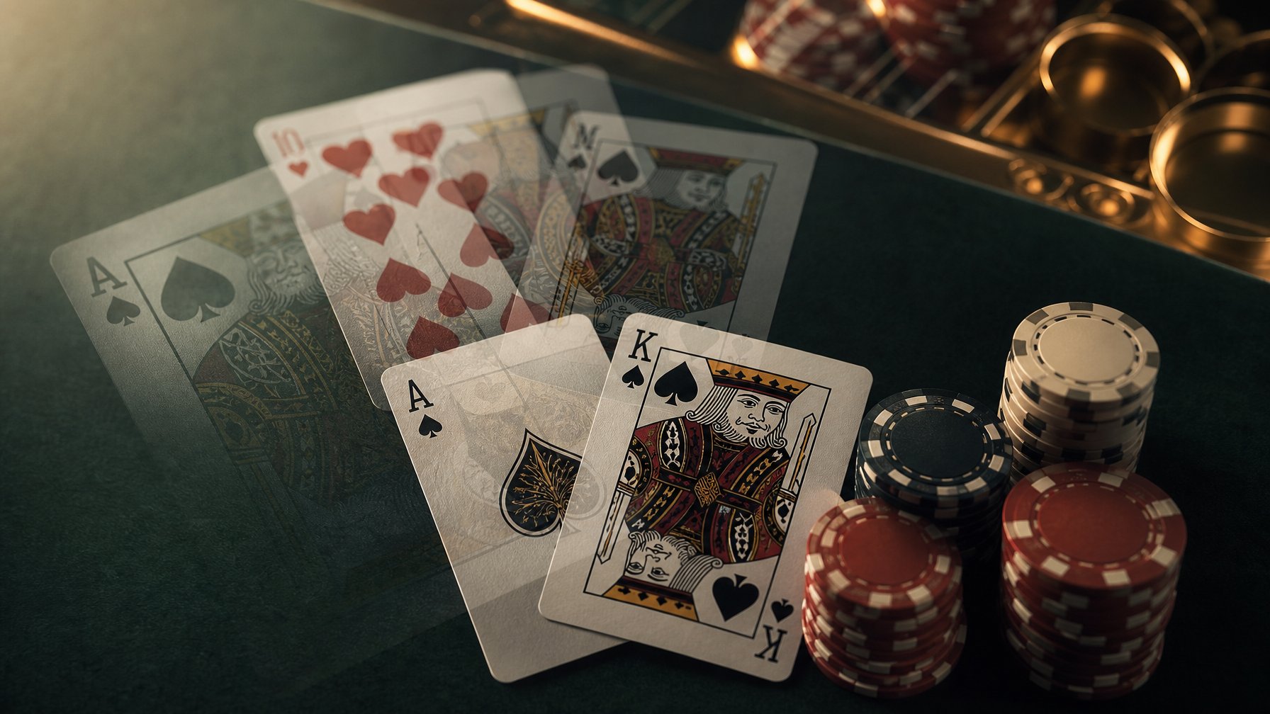 Kartu blackjack dan keping kasino tersusun di atas meja hijau dengan efek tumpang tindih transparan.