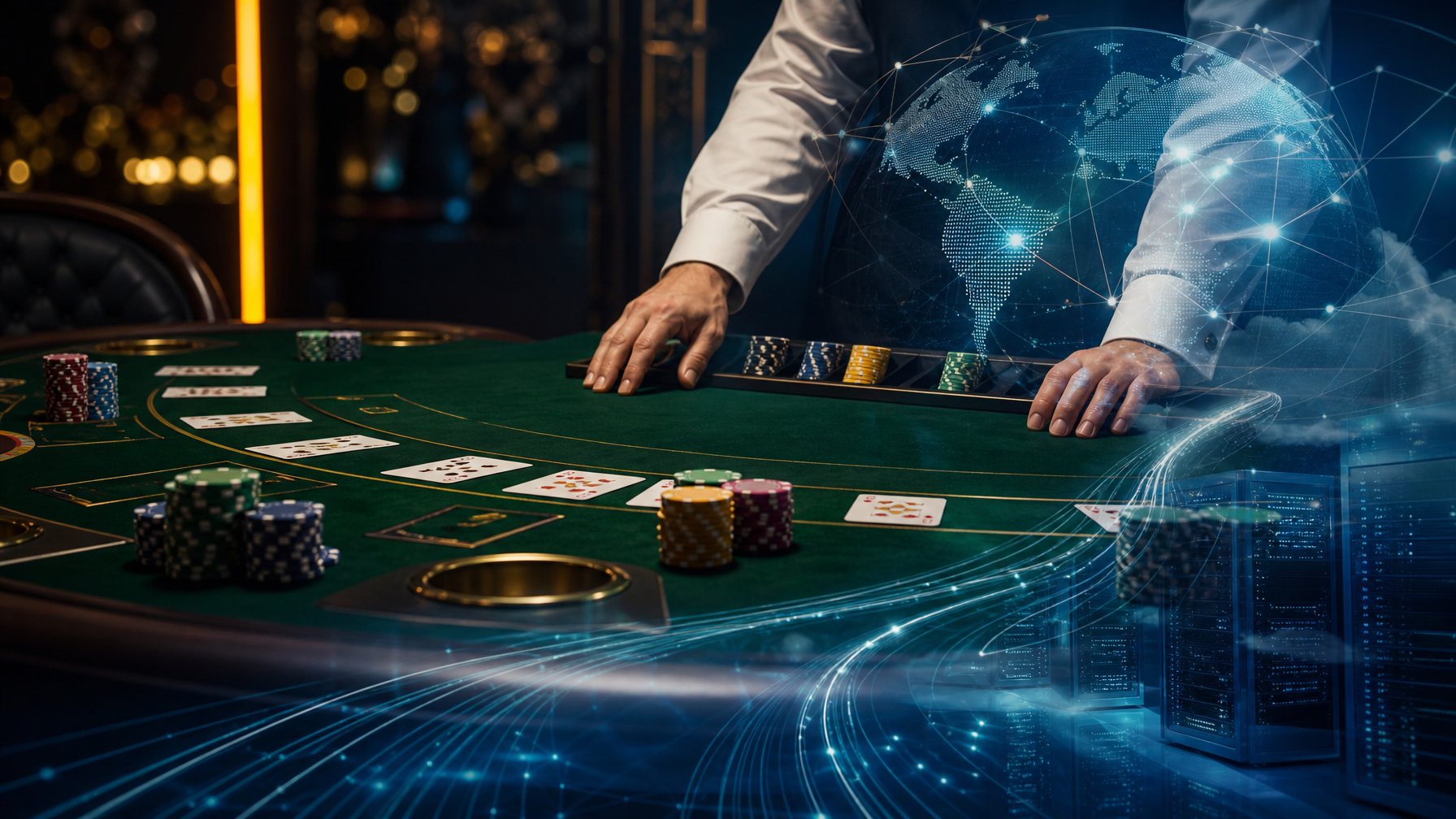 Meja blackjack modern dengan kartu, keping kasino, dan elemen jaringan digital yang menyatu secara transparan.