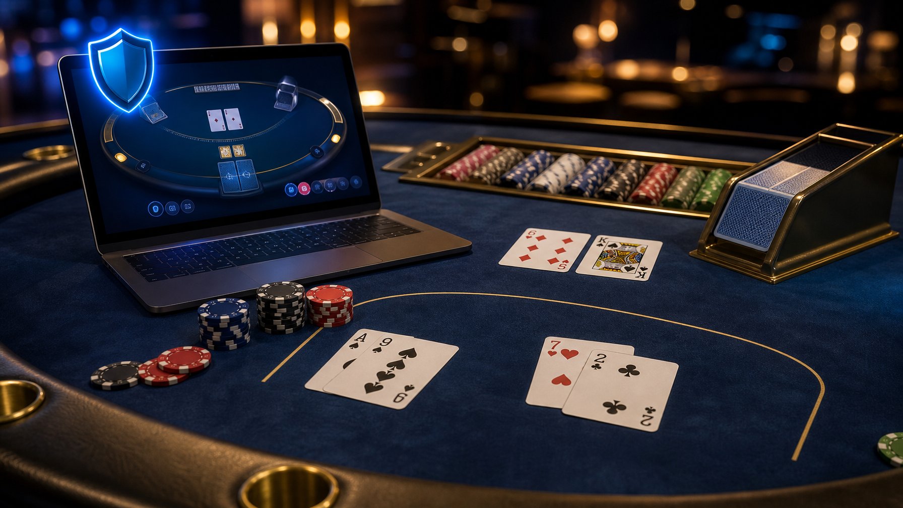 Meja blackjack dengan kartu terbuka, keping kasino, dan perangkat digital yang menampilkan antarmuka permainan abstrak.