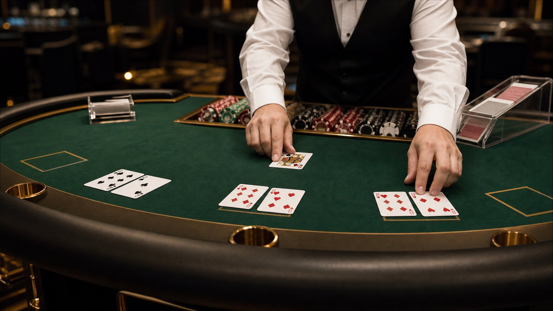 Meja blackjack dengan kartu terbuka, keping taruhan, dan dealer yang sedang menata kartu di suasana kasino.