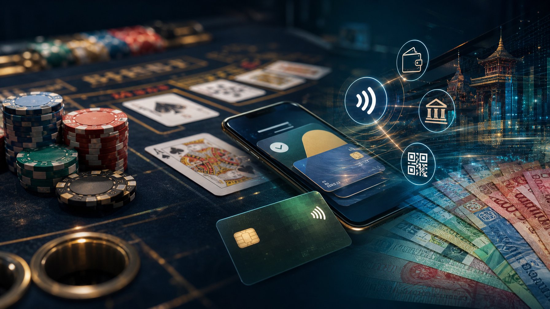 Meja blackjack dengan kartu dan keping taruhan yang berpadu dengan elemen pembayaran digital serta perbankan modern.