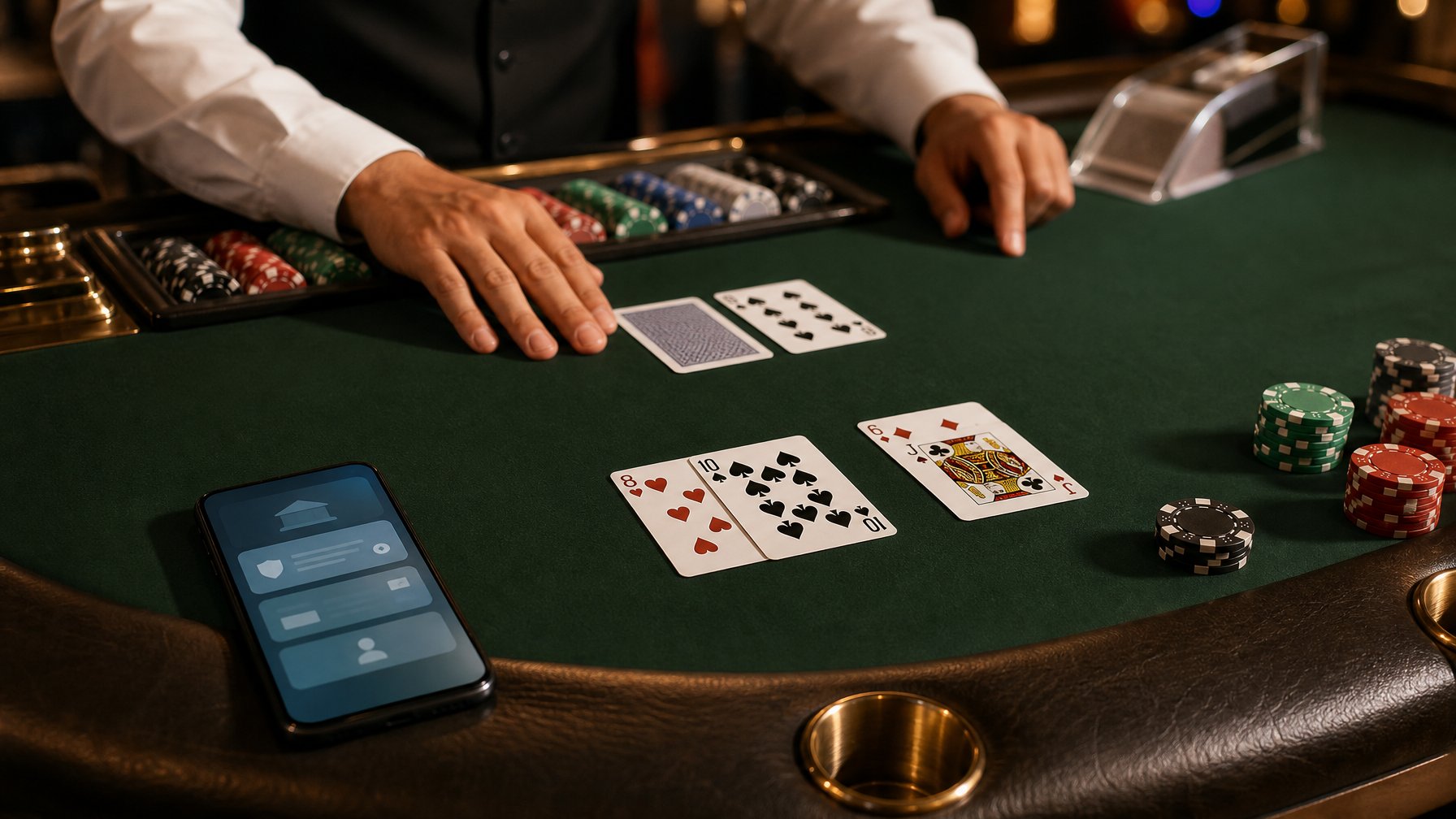 Meja blackjack dengan kartu terbuka, keping taruhan, tangan dealer, dan ponsel di suasana kasino modern.