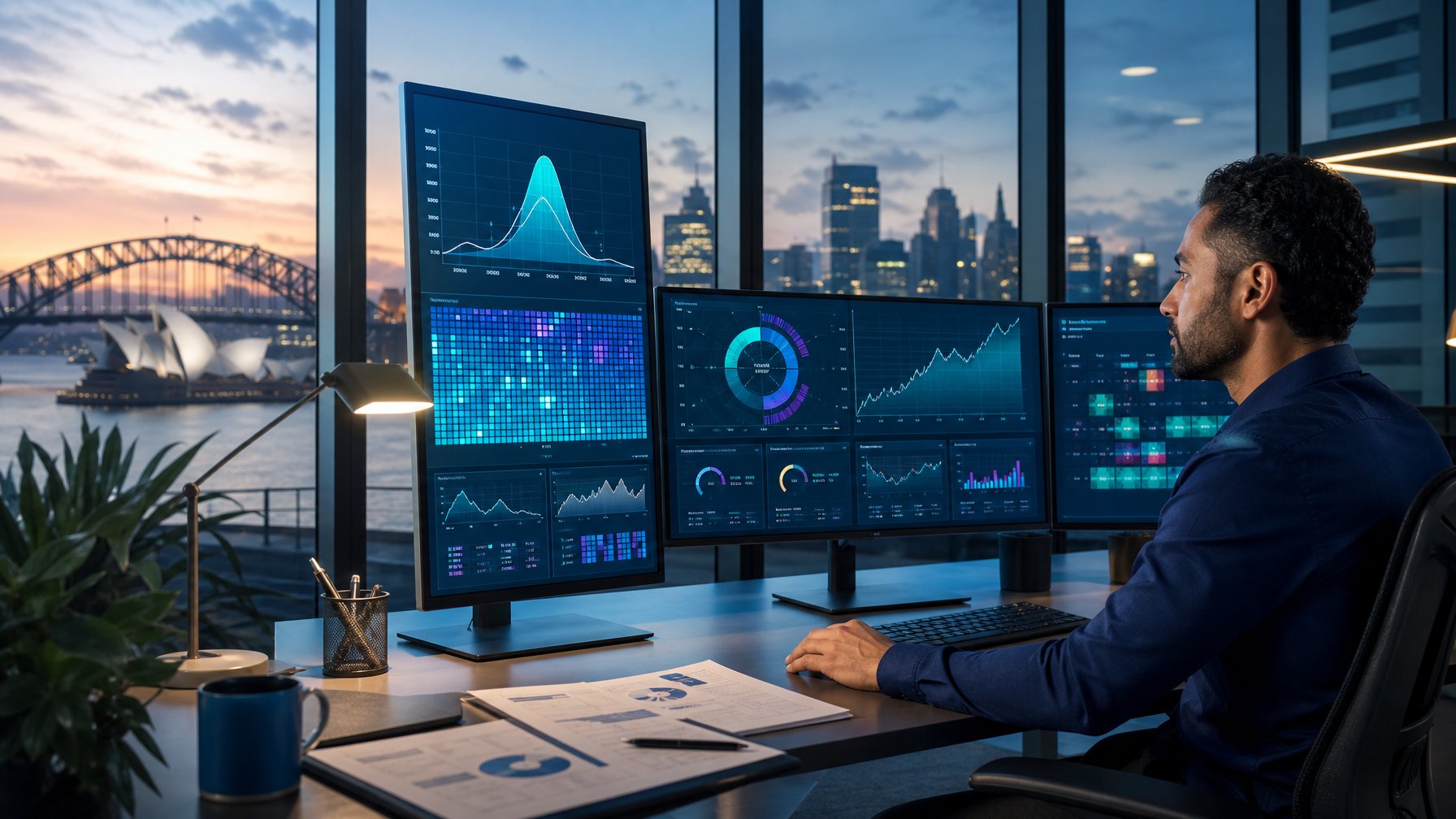 Analis dewasa memeriksa visualisasi data abstrak di kantor modern dengan latar cakrawala Sydney.