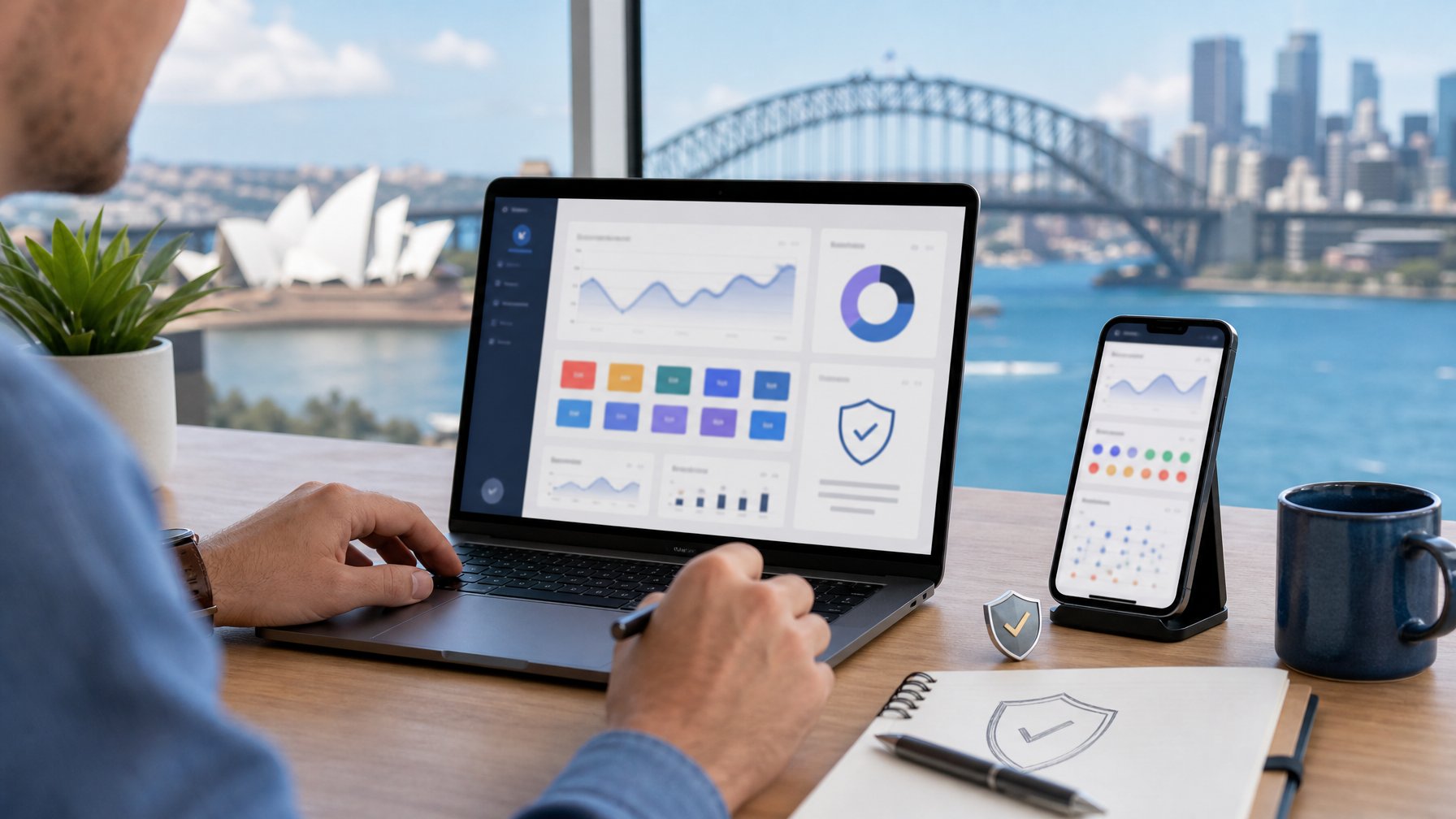 Seseorang meninjau dasbor analitik digital di laptop dengan latar siluet kota Sydney.
