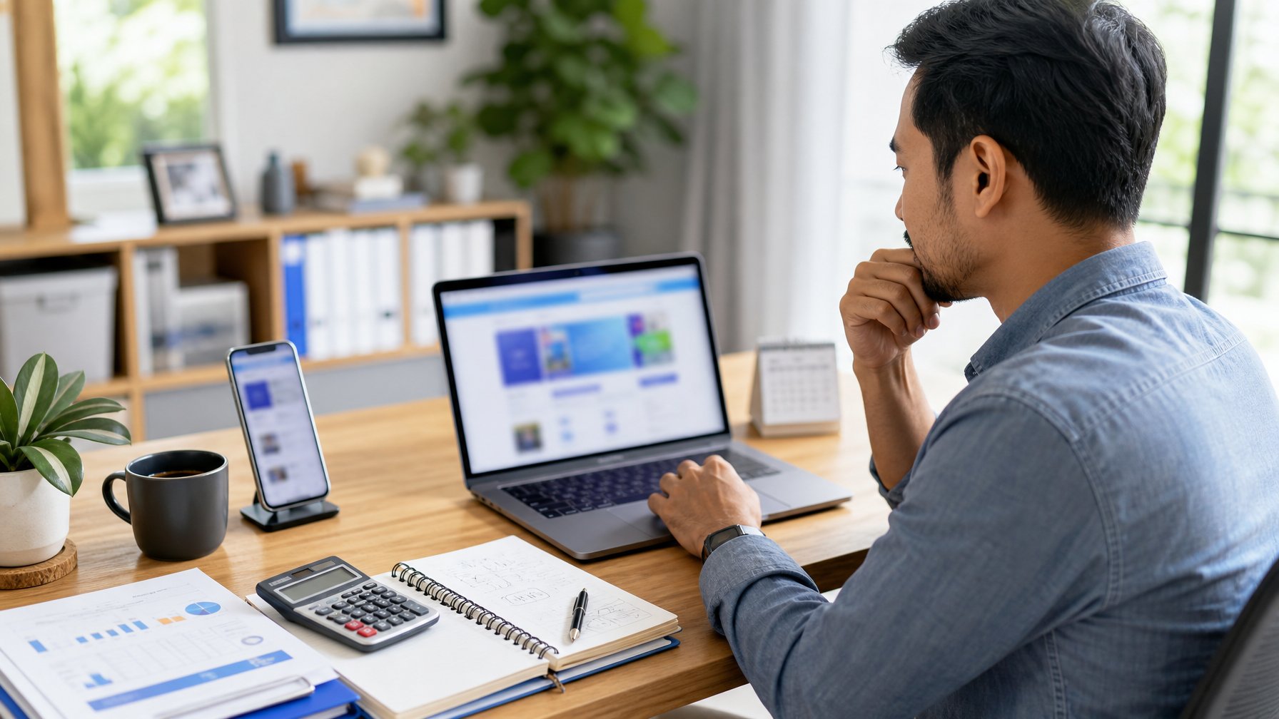 Orang dewasa meninjau informasi lotre daring di laptop dengan kalkulator dan catatan di meja.