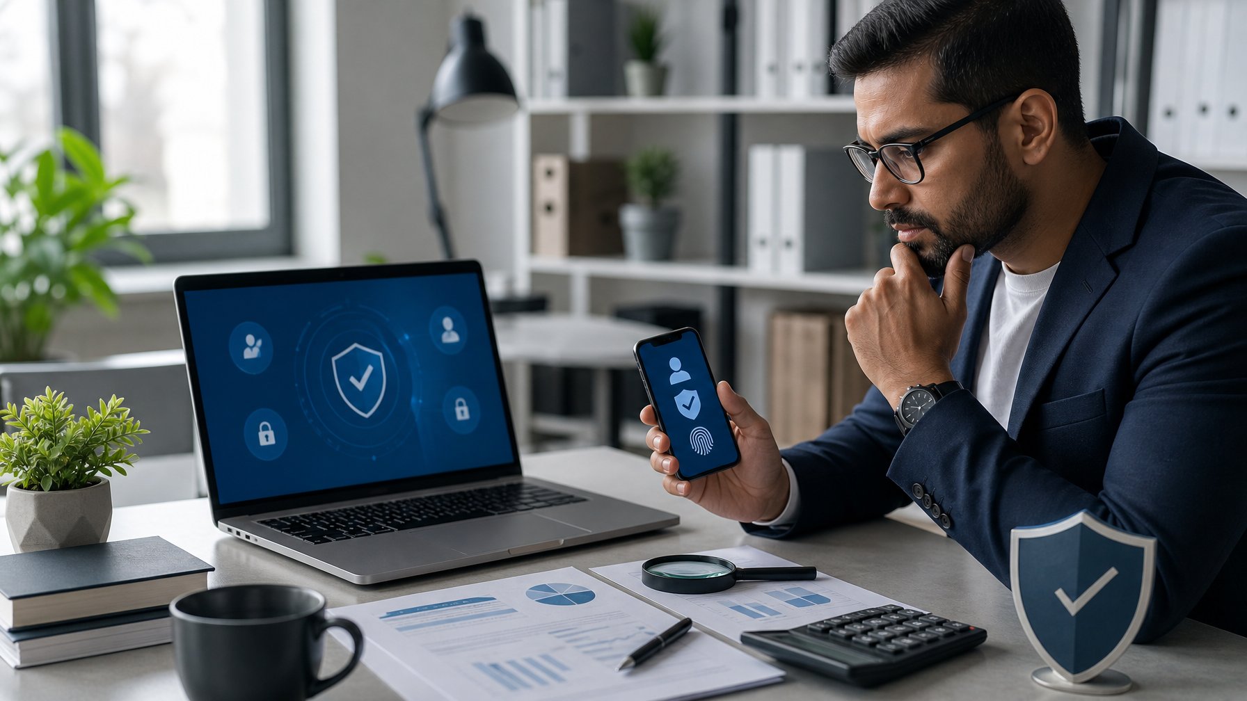 Seorang profesional meninjau keamanan dan legalitas platform digital di meja kerja dengan laptop, ponsel, dokumen, kalkulator, dan simbol perisai.