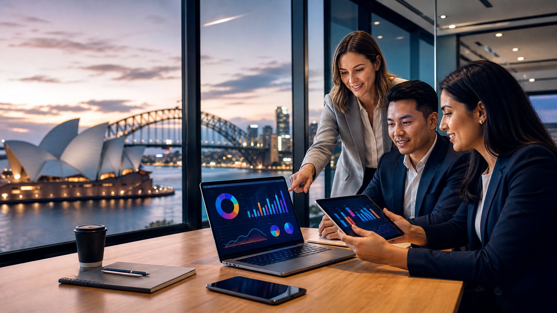 Tim profesional berdiskusi di kantor modern dengan pemandangan Sydney dan grafik data abstrak di perangkat digital.