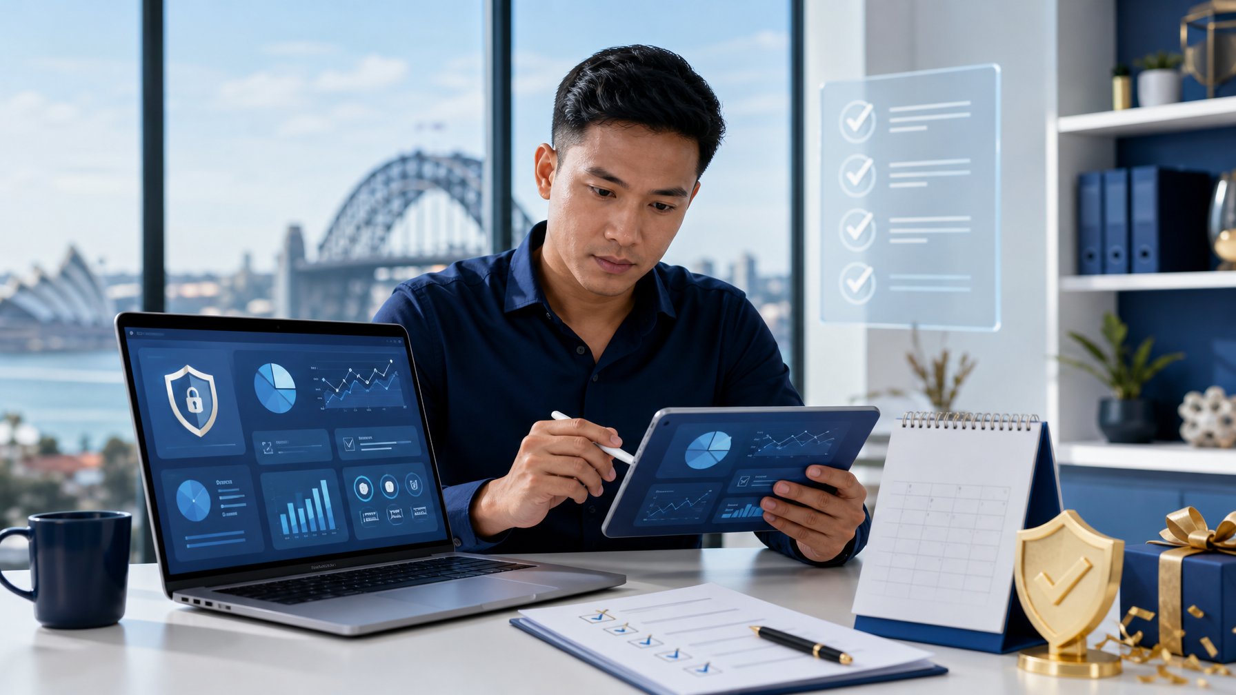 Seorang profesional meninjau dasbor digital dengan simbol keamanan, verifikasi, dan daftar pemeriksaan di kantor modern.