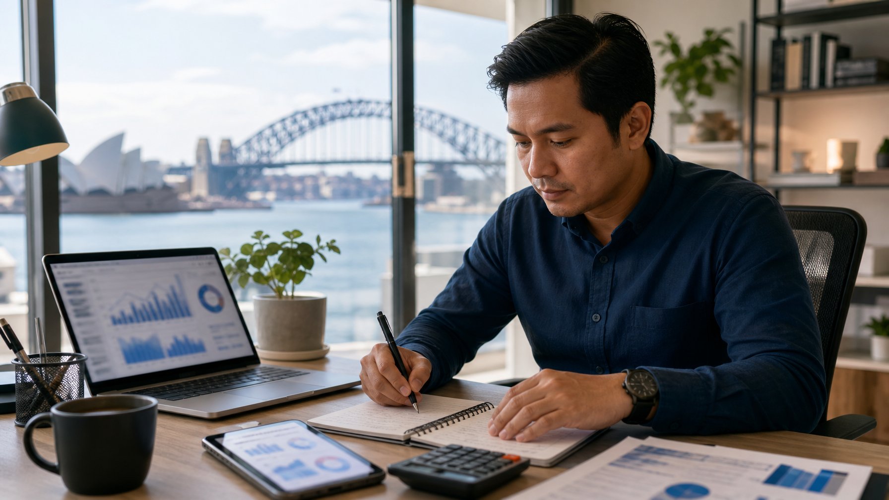 Seseorang menganalisis data abstrak di meja kerja modern dengan pemandangan Sydney di latar belakang.