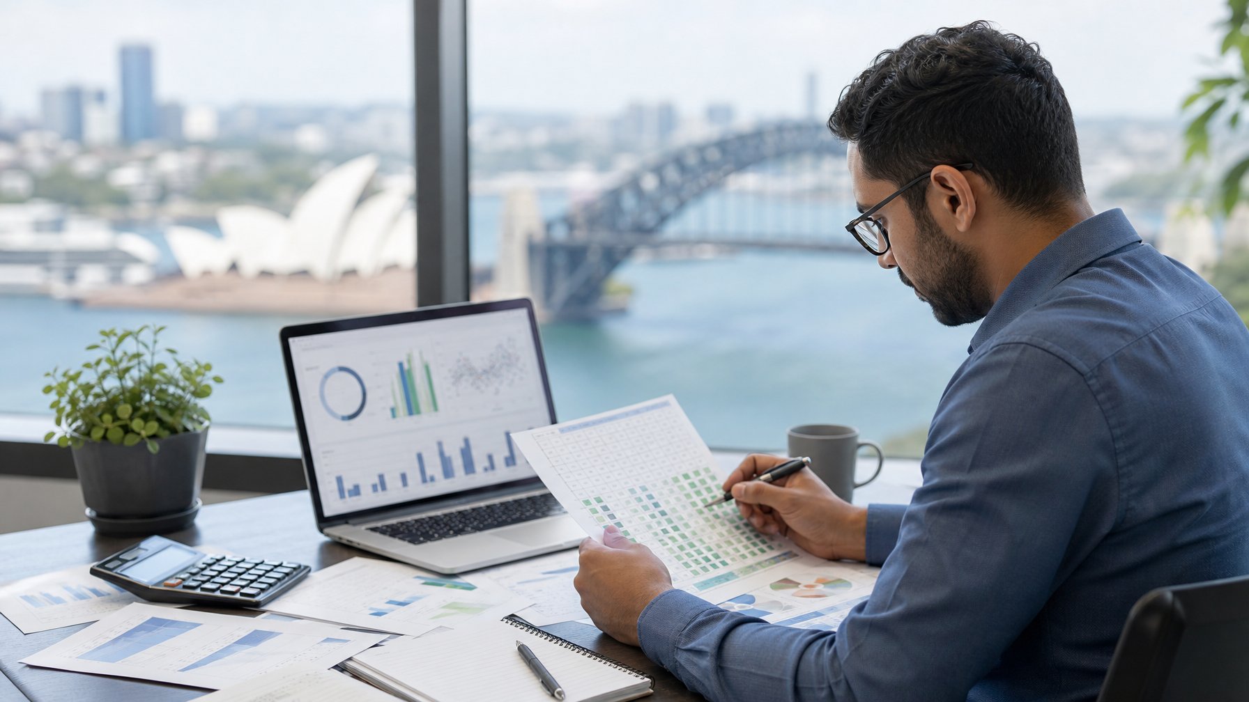 Seorang analis dewasa mempelajari grafik statistik dan susunan angka di meja kerja dengan latar cakrawala kota Sydney.