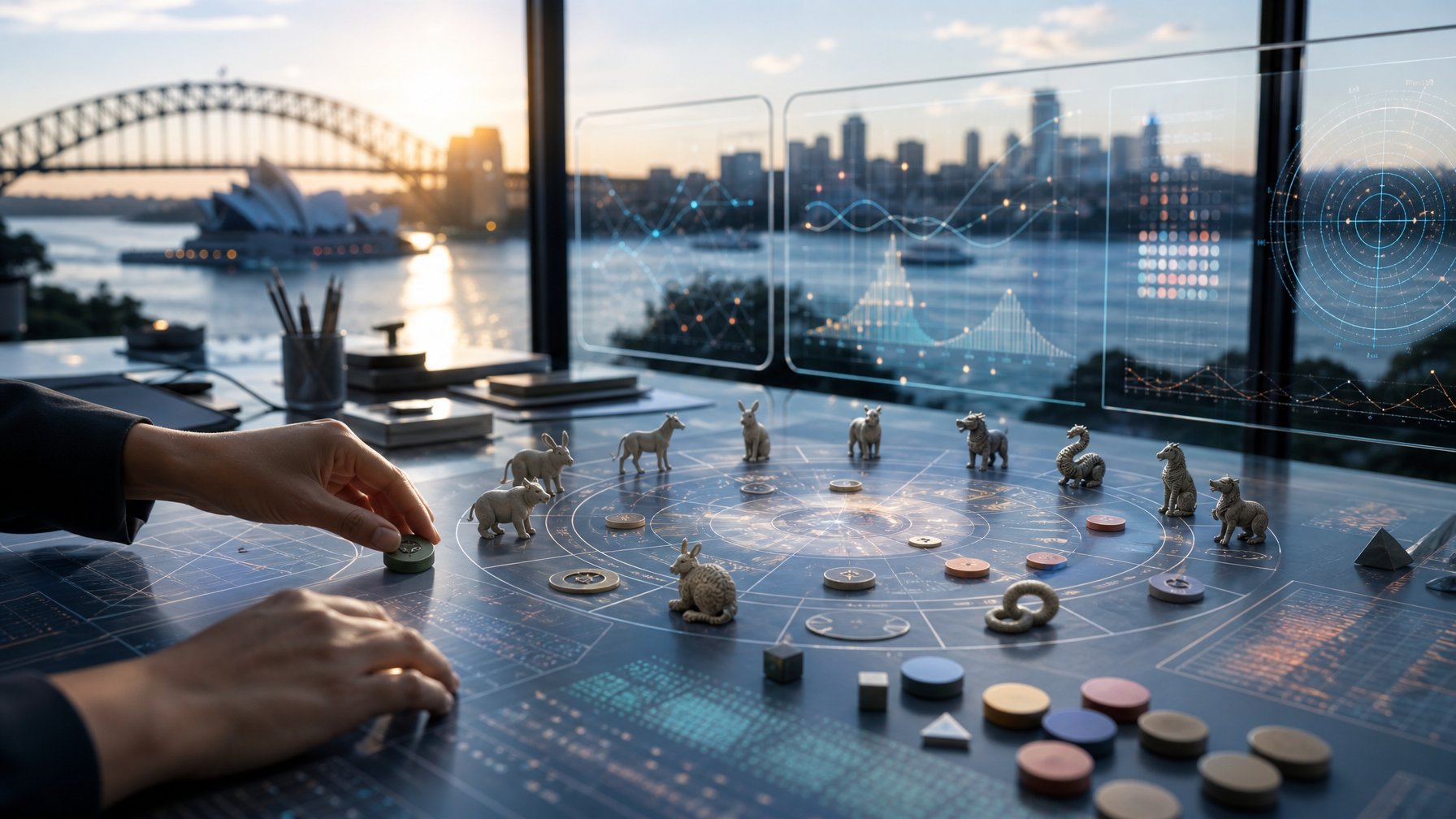 Meja kerja modern dengan pola zodiak Tionghoa, grafik analisis abstrak, dan siluet kota Sydney di latar belakang.