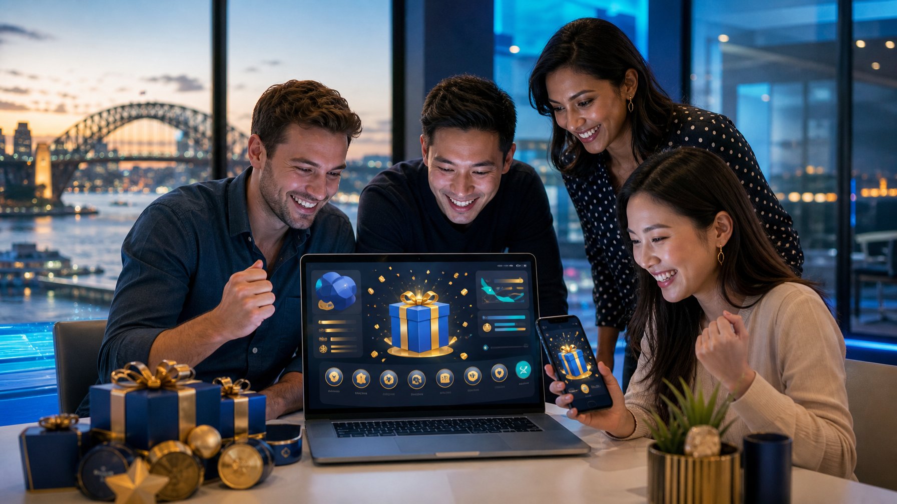 Orang dewasa melihat platform hadiah digital dengan ikon hadiah dan latar kota Sydney yang samar.
