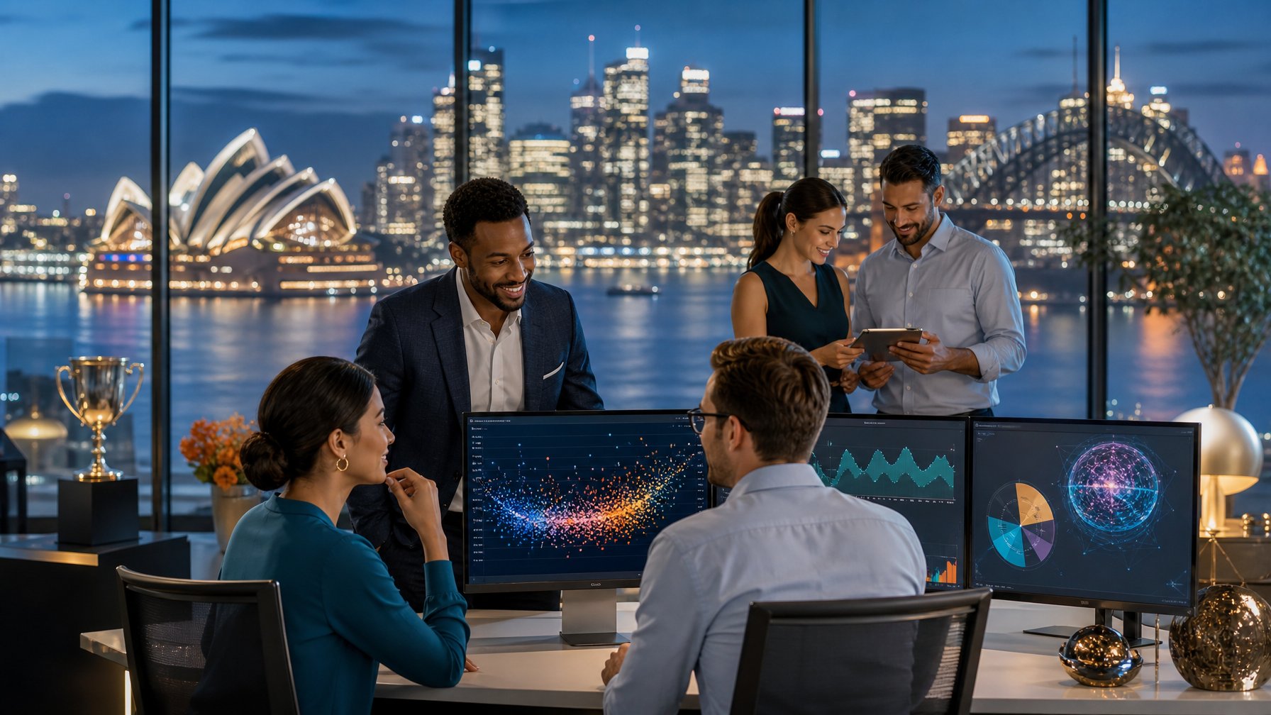 Sekelompok orang dewasa meninjau grafik digital di ruang modern dengan latar cakrawala Sydney.