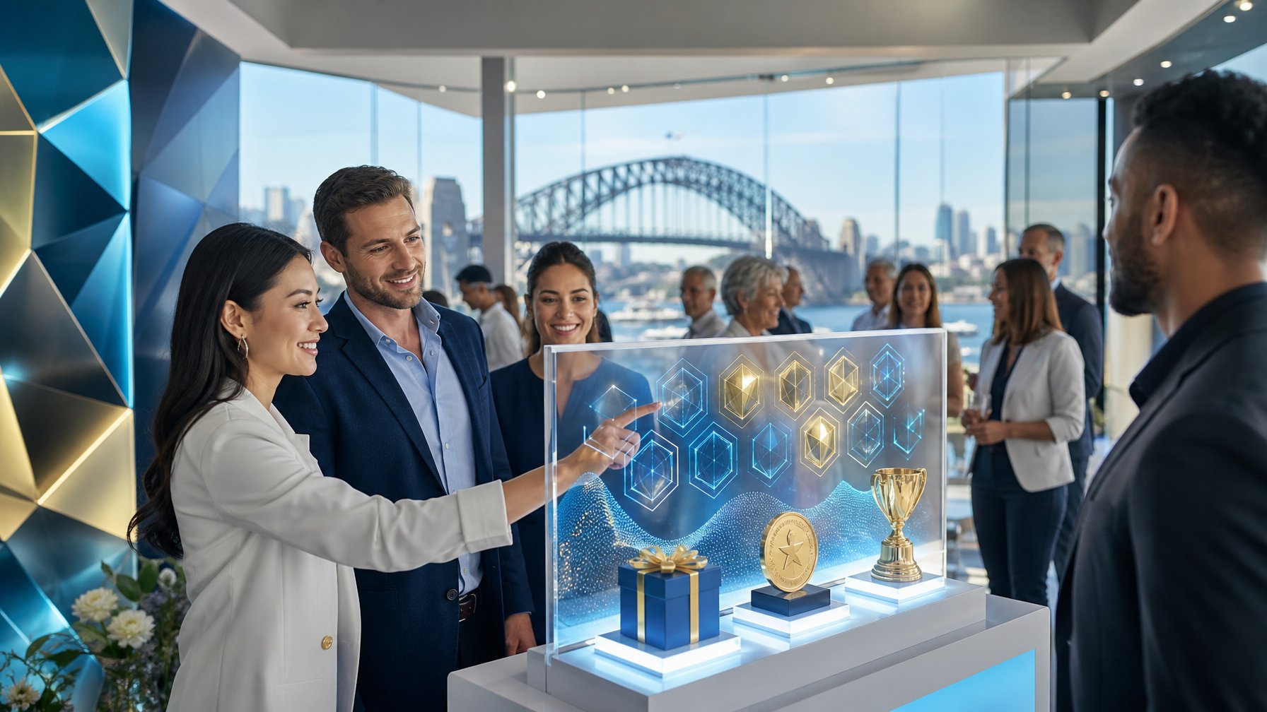 Sekelompok orang menghadiri acara promosi modern dengan simbol hadiah dan angka abstrak berlatar suasana kota Sydney.
