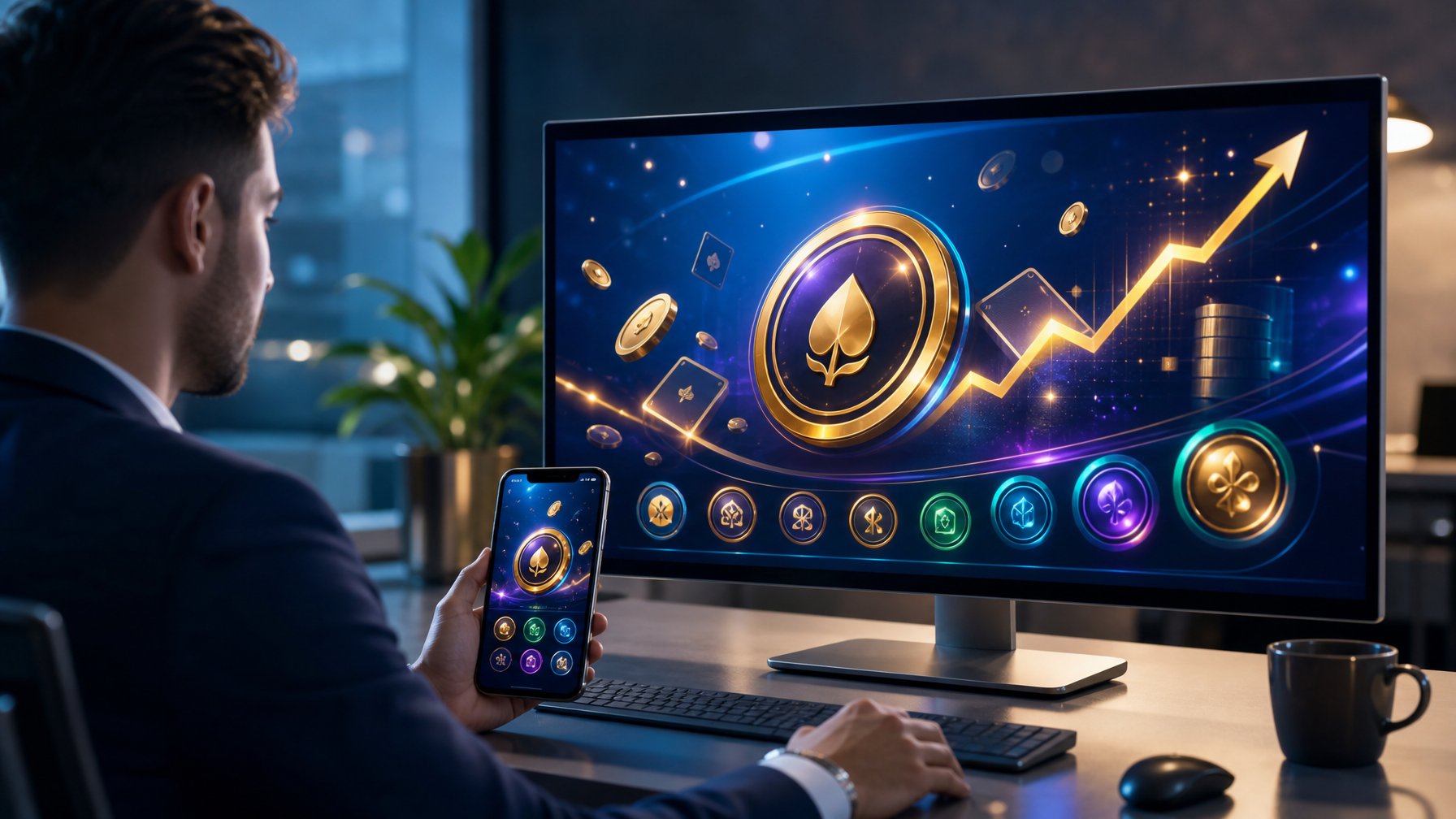 Seseorang menggunakan komputer dan ponsel dengan tampilan permainan digital bercahaya di meja kerja modern.