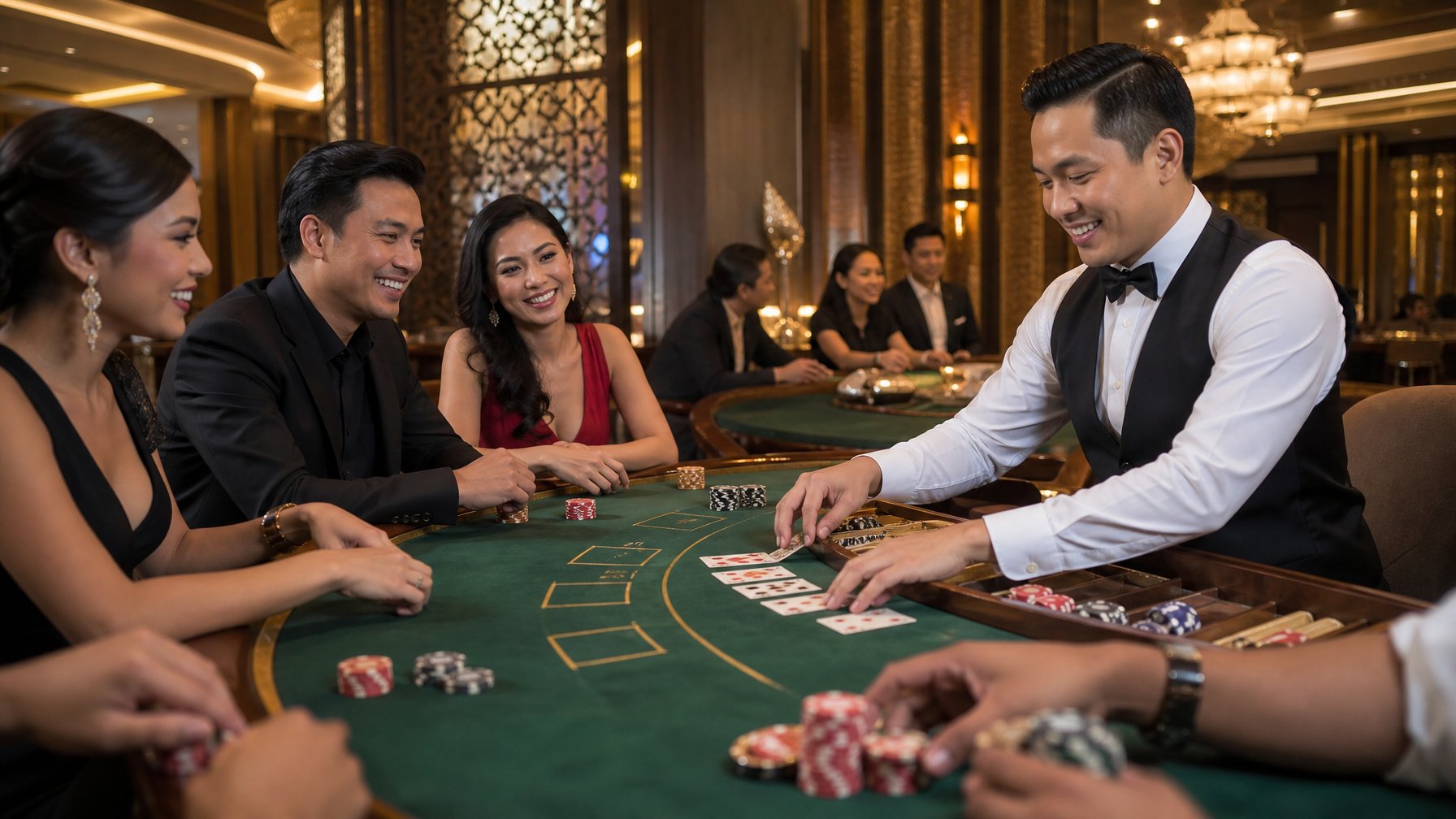 Suasana kasino mewah dengan dealer dan pemain dewasa di meja permainan langsung.